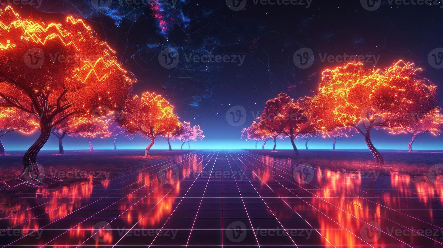 Futuristic landscape with glowing trees reflecting on a grid, under a starry sky photo
