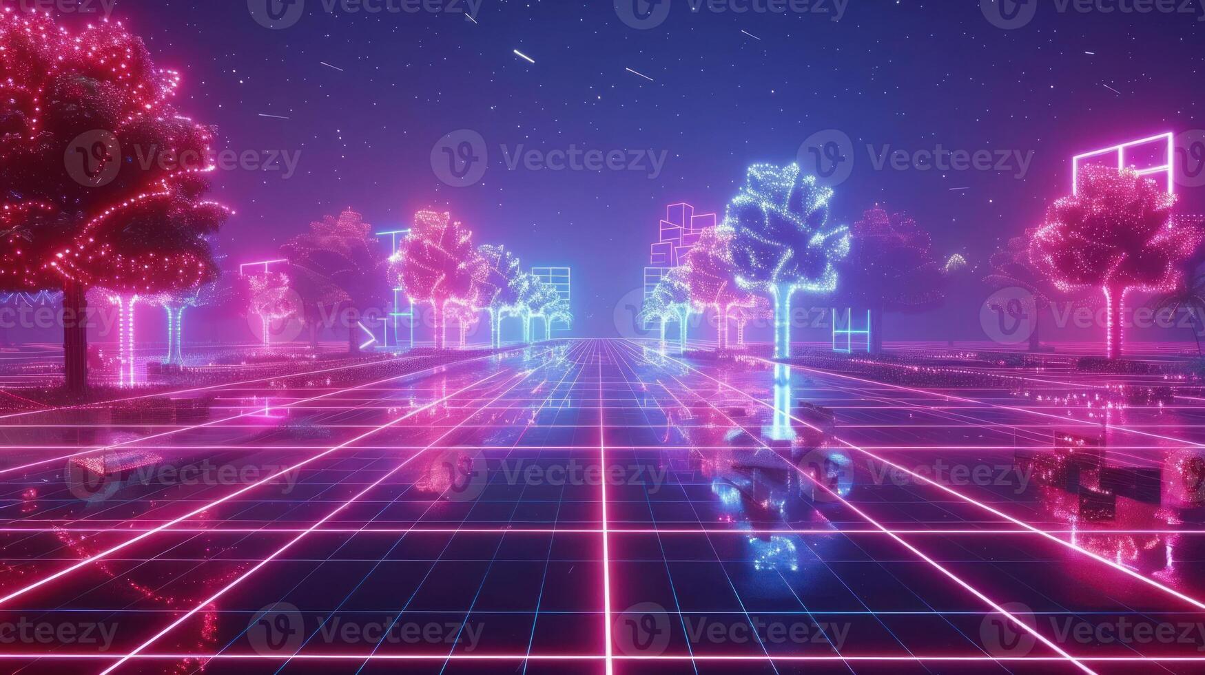 Futuristic neon landscape with glowing trees and a reflective grid under a starry sky photo