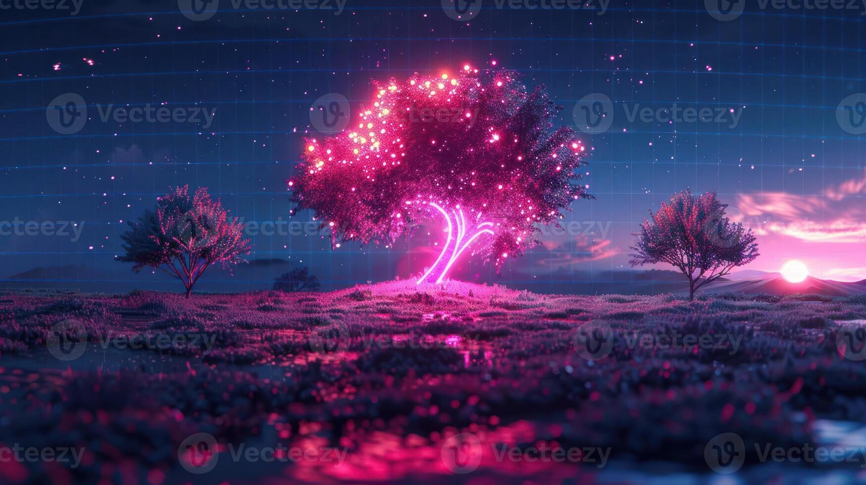 Vibrant glowing tree surrounded by lush landscape at sunset with a starry sky backdrop photo