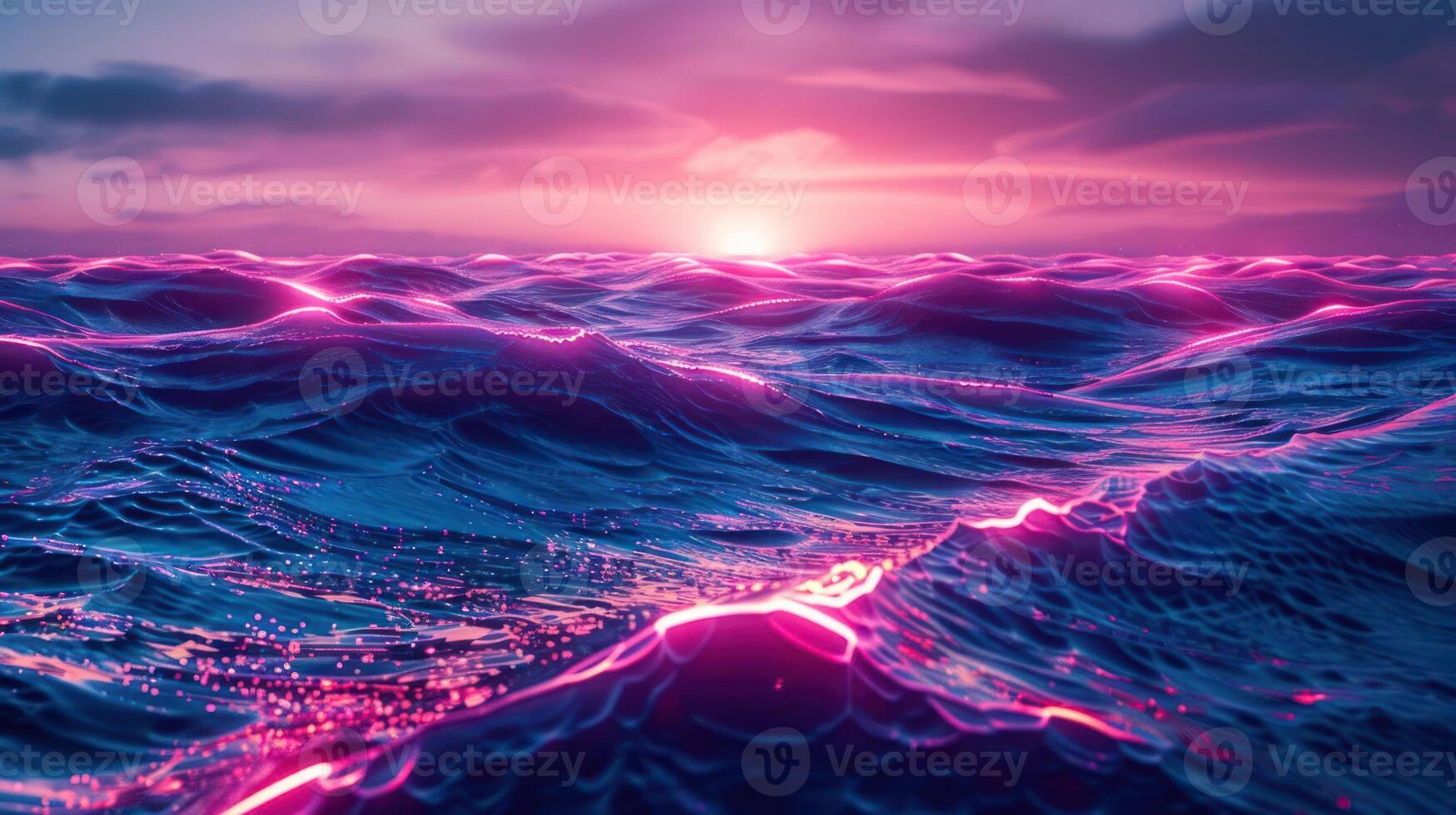 Vibrant sunset over ocean waves with neon reflections, creating a serene atmosphere photo