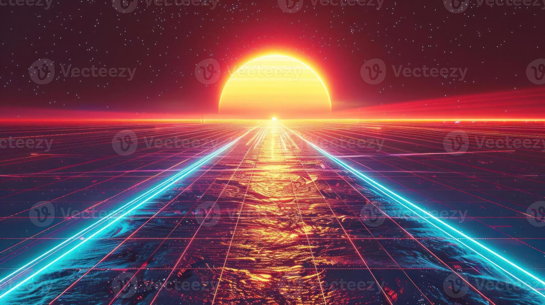 Vibrant sunset over a futuristic ocean landscape with glowing grid lines and starry sky photo