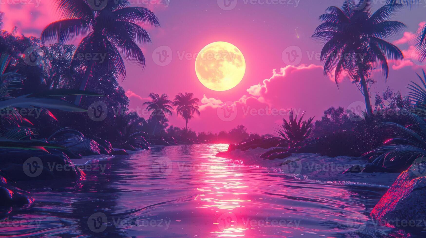 Serene twilight scene featuring a glowing pink moon over a tranquil river with palm trees photo