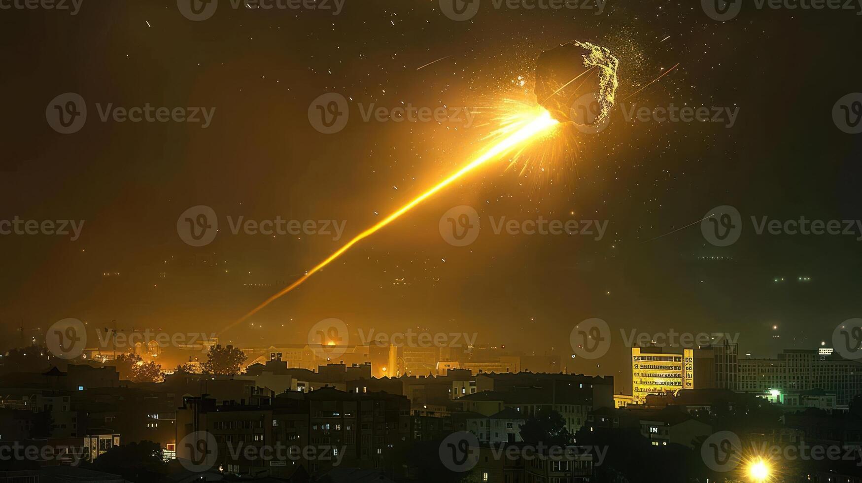A fiery asteroid streaks through the night sky, illuminating a bustling city below photo
