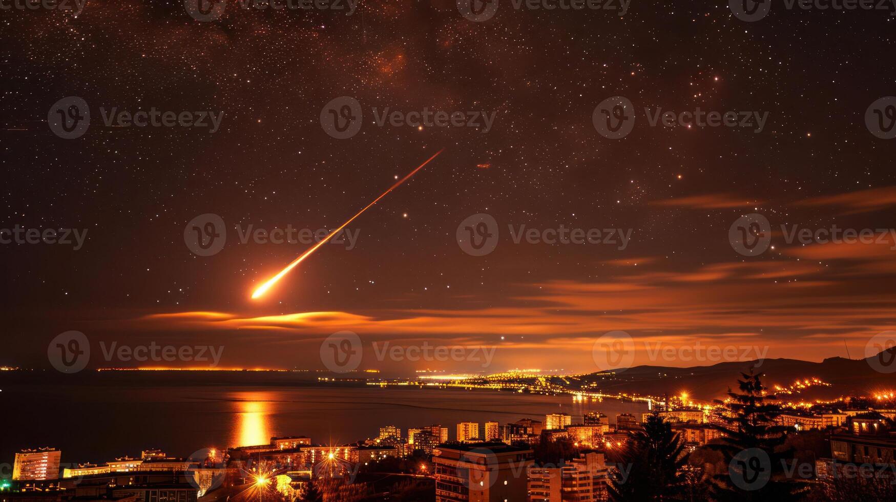 Dramatic meteor shower over a coastal city at night, illuminating the skyline and water photo