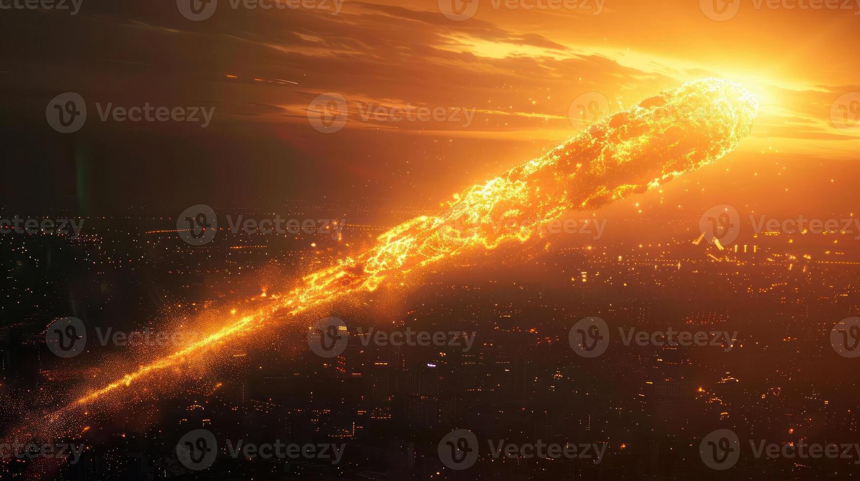 A fiery meteor streaks across the sunset sky over a bustling city skyline at dusk photo