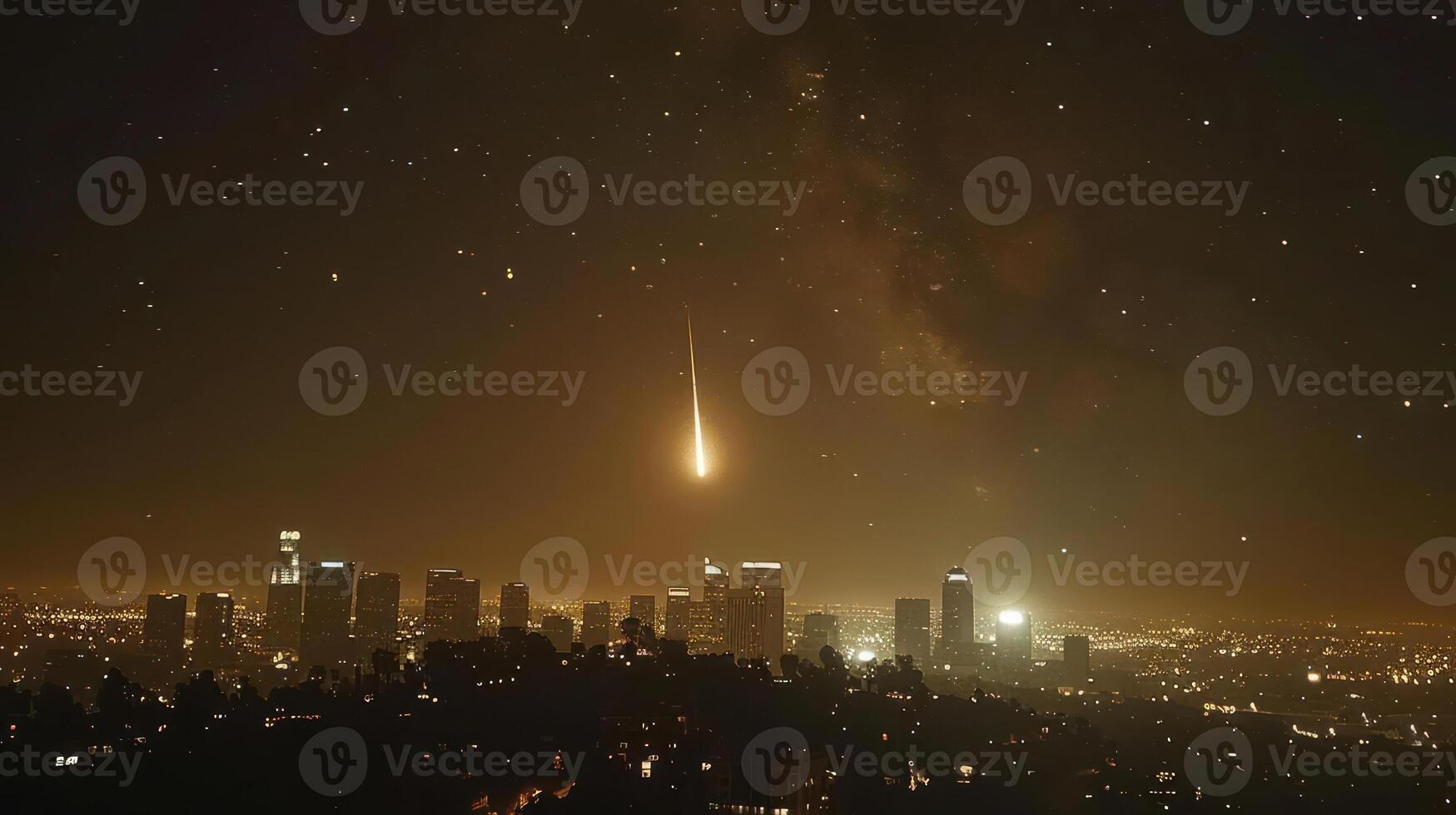 Stunning night view of a city skyline with a meteor streaking across the starry sky photo