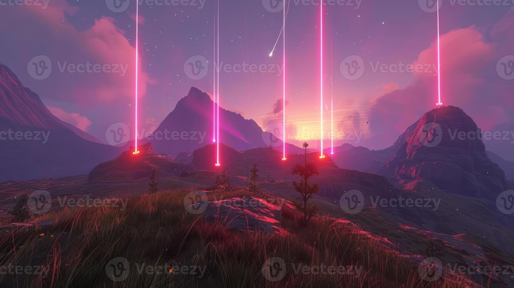 Vibrant sunset over mountainous landscape with glowing beams and comet streaking across sky photo