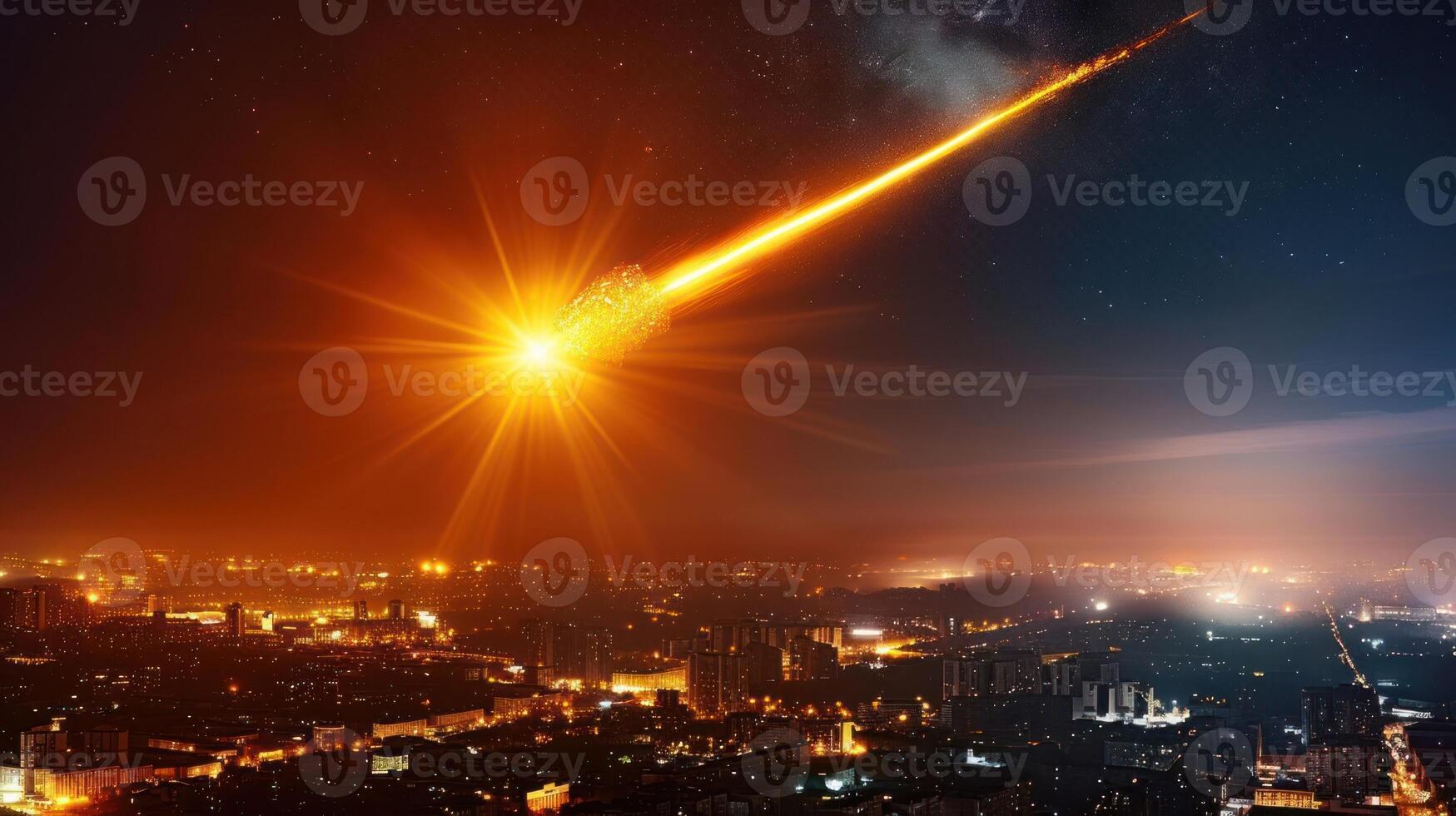 Dramatic meteor shower illuminating a city skyline at night, creating a stunning celestial display photo