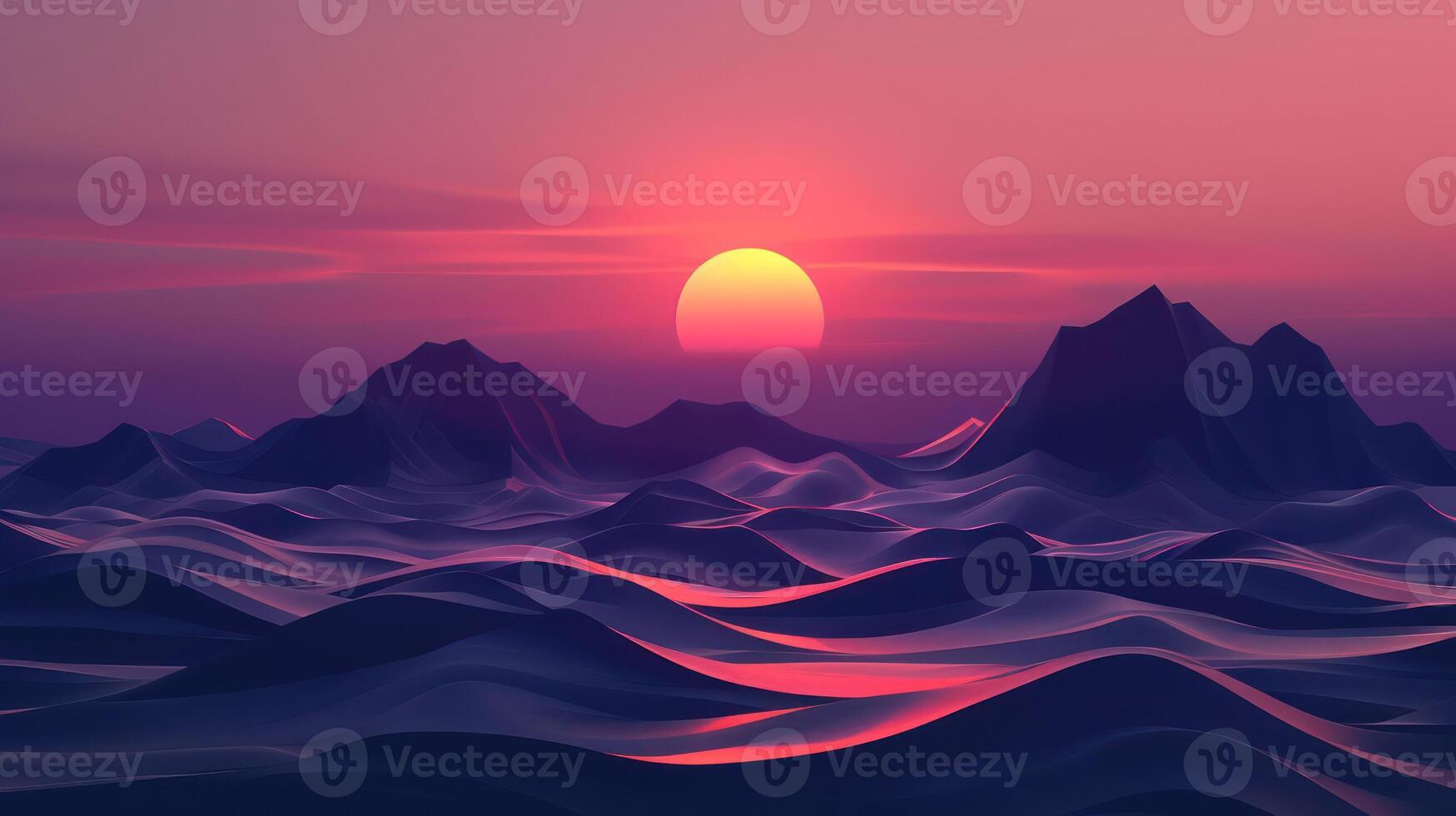 Serene Sunset Over Rolling Waves and Mountains with a Gradient Sky at Dusk photo