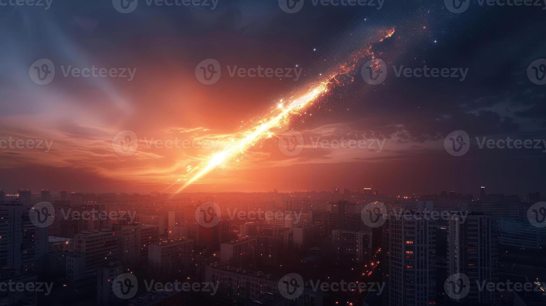 Dramatic sunset over a city skyline with a meteor streaking across the sky, evoking awe photo