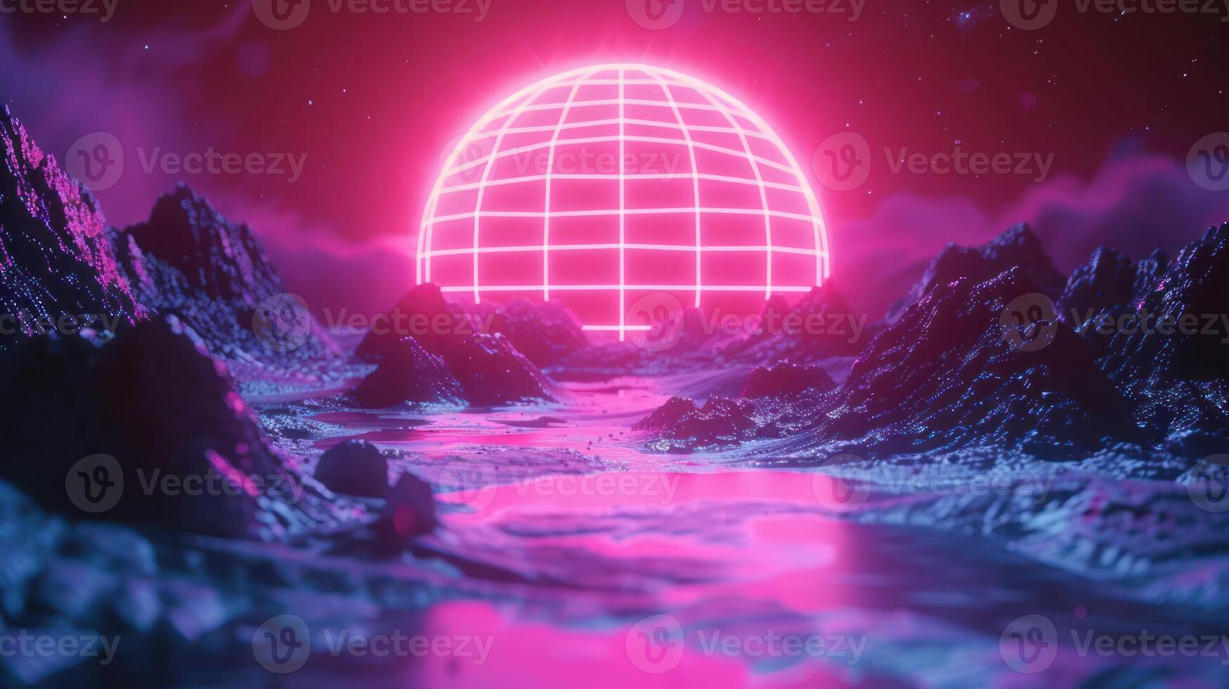 Futuristic landscape featuring a glowing grid globe over shimmering waters and mountains photo