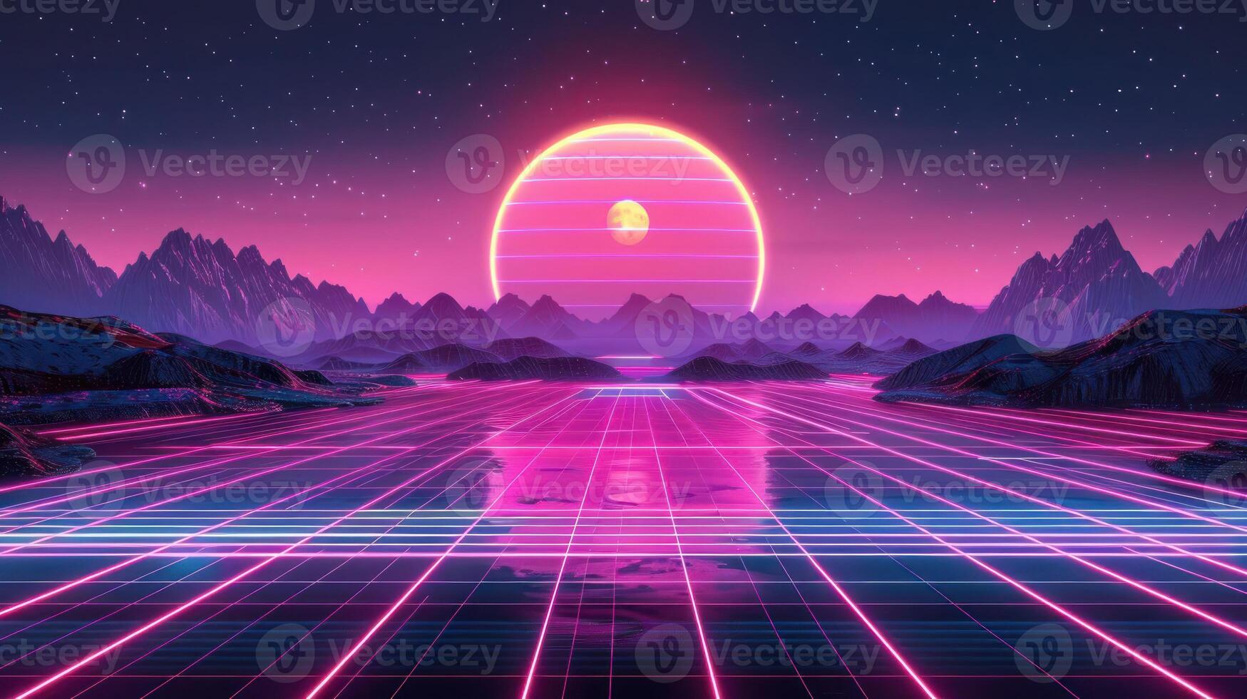 Vibrant retro-futuristic landscape with neon sun setting over a grid-like lake and mountains photo
