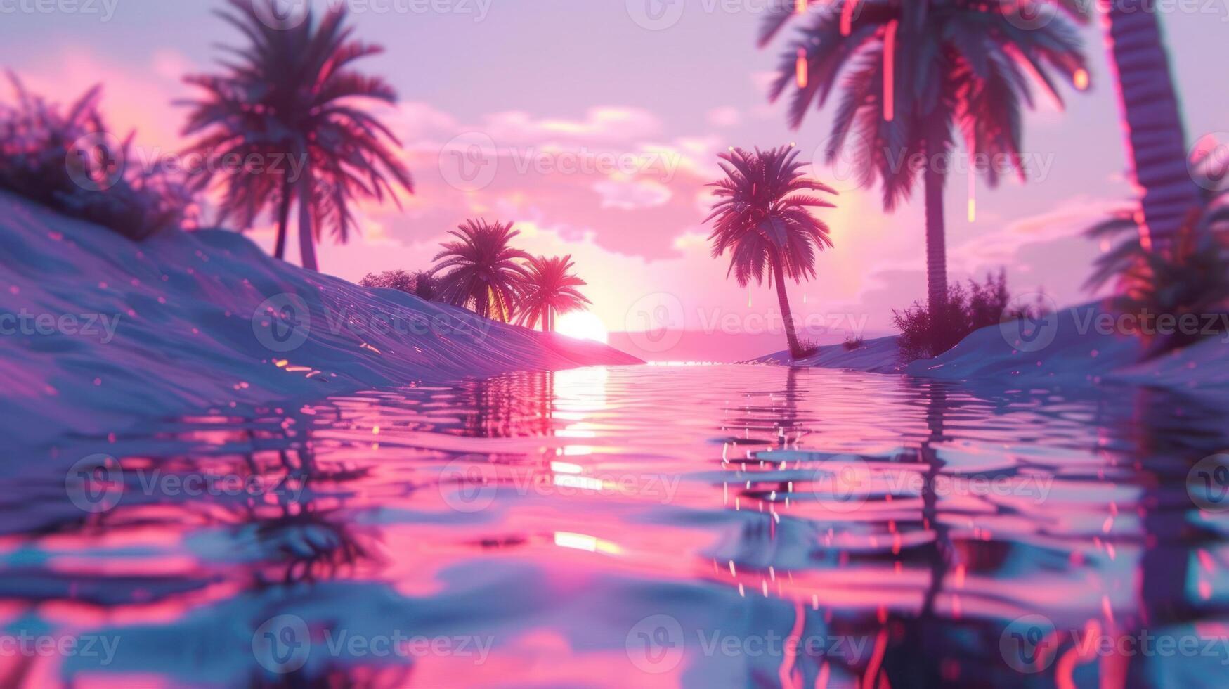 Serene sunset over a tranquil lagoon surrounded by palm trees and vibrant colors reflecting on water photo