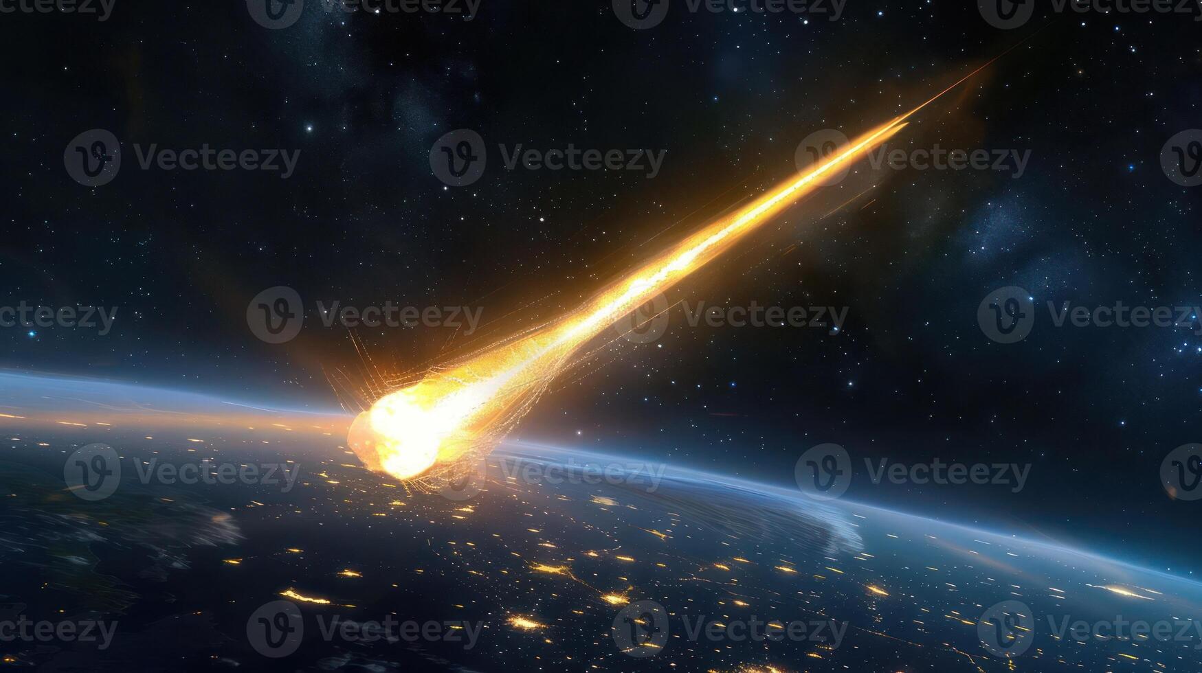 A fiery meteor streaks through space towards Earth, illuminating the night sky above cities photo