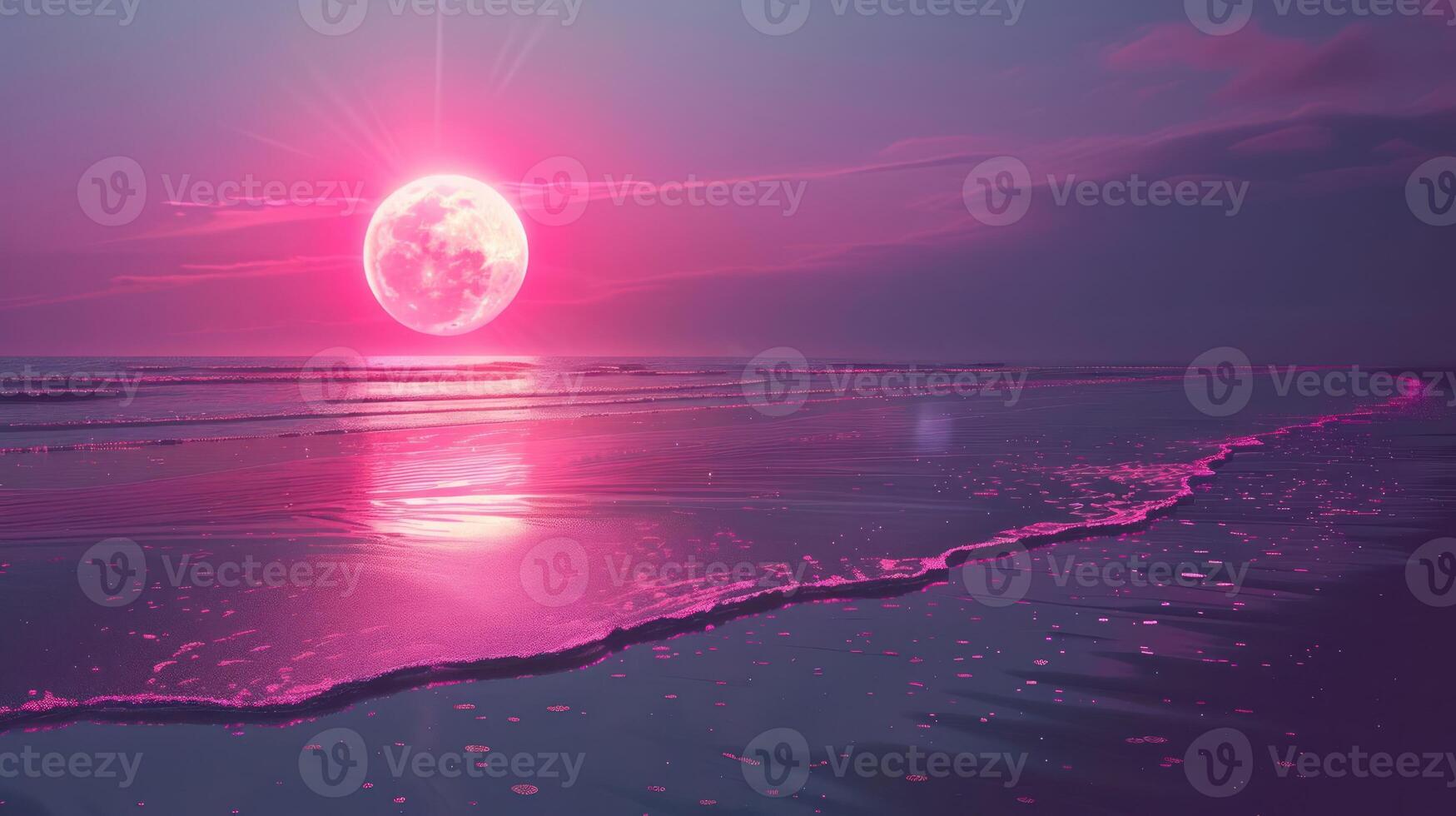 A surreal pink moon rises over a tranquil ocean, casting shimmering reflections on the water photo