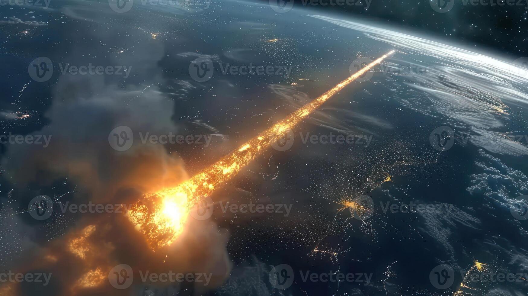 A bright meteor streaking through the atmosphere towards Earth, illuminating the night sky photo
