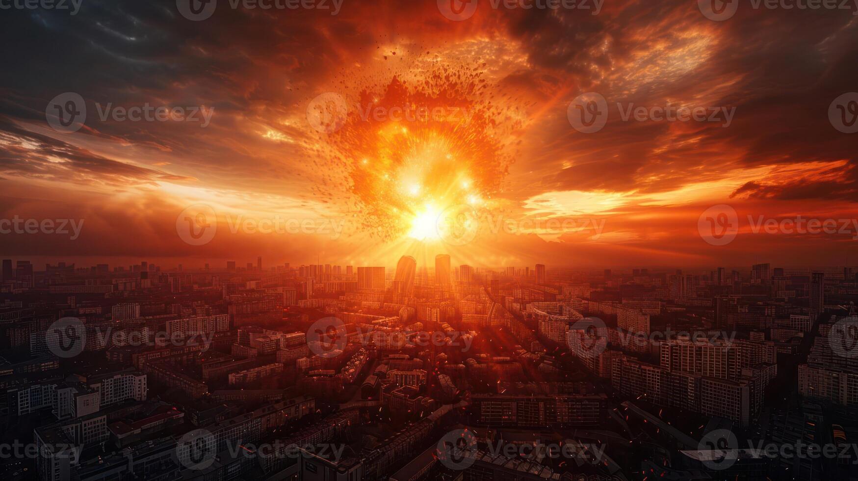 Dramatic sunset over a city skyline with an explosion in the sky, creating a fiery spectacle photo
