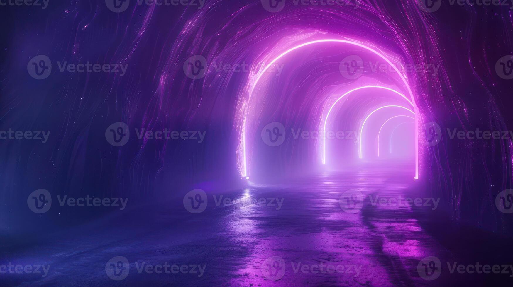 Neon-lit tunnel with glowing arches, reflecting on wet pavement, creating a surreal atmosphere photo