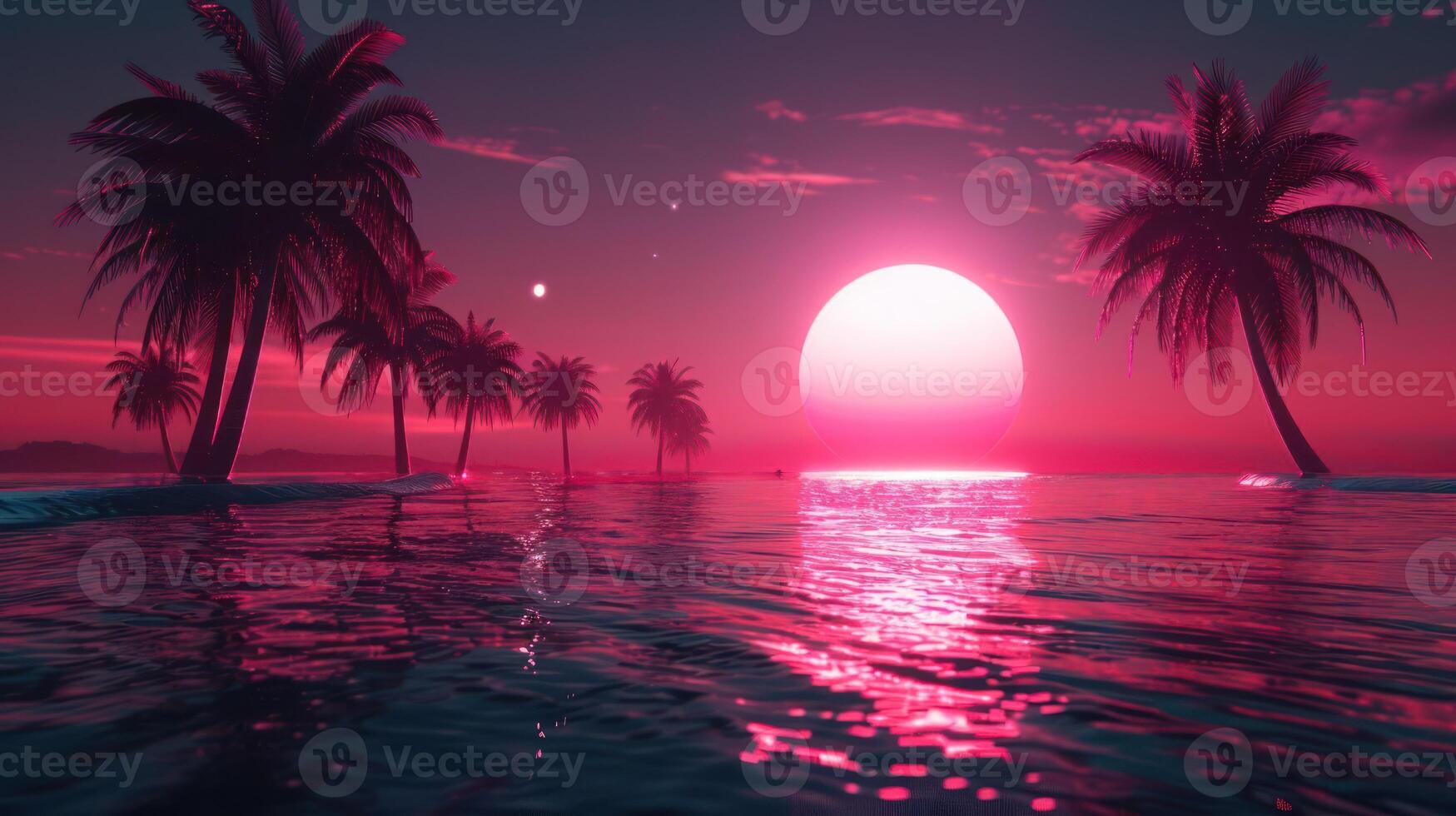 Vibrant sunset over tranquil waters with silhouetted palm trees creating a serene atmosphere photo