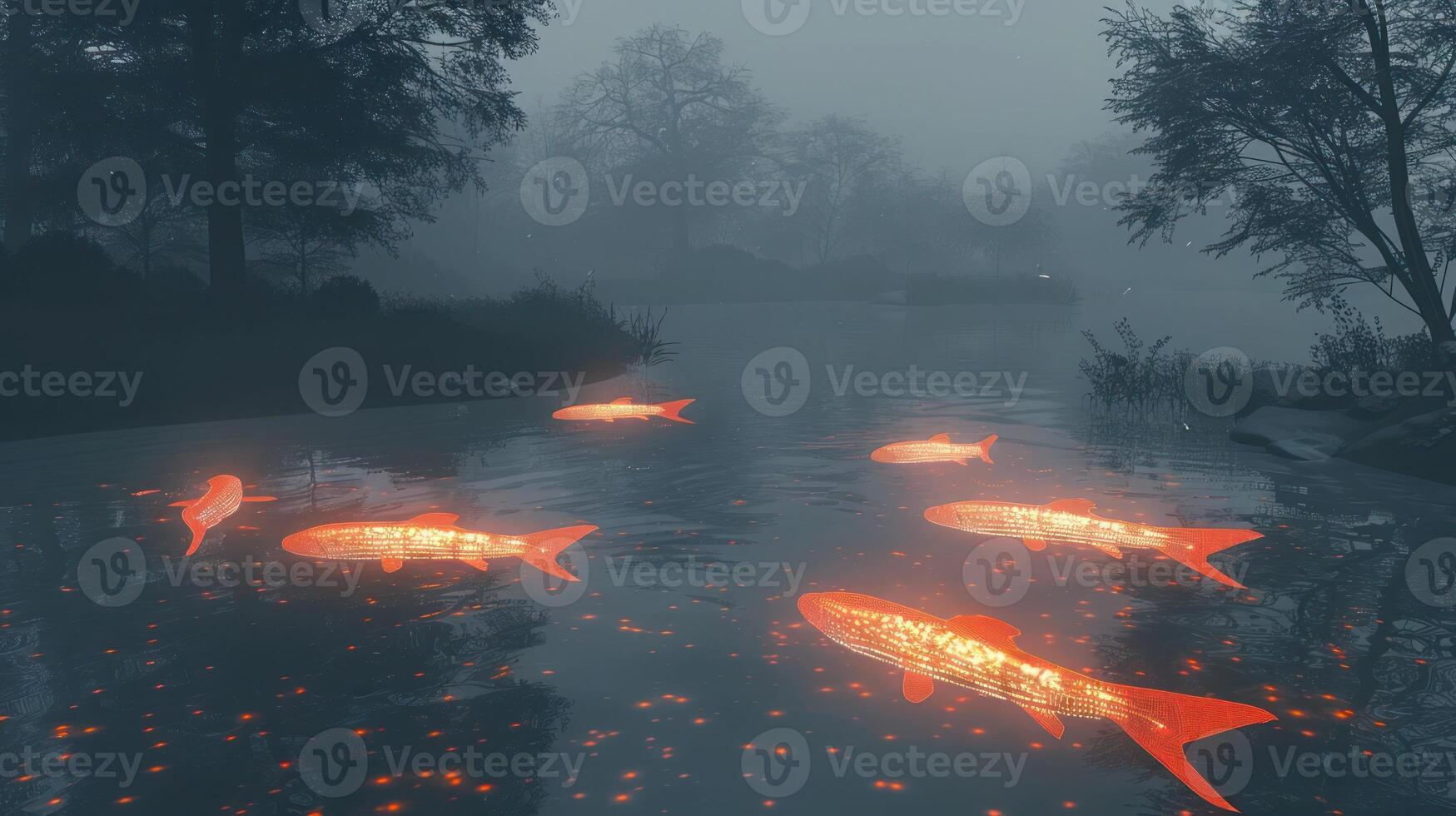 Ethereal glowing fish swim in a misty river, surrounded by trees and soft reflections at dawn photo