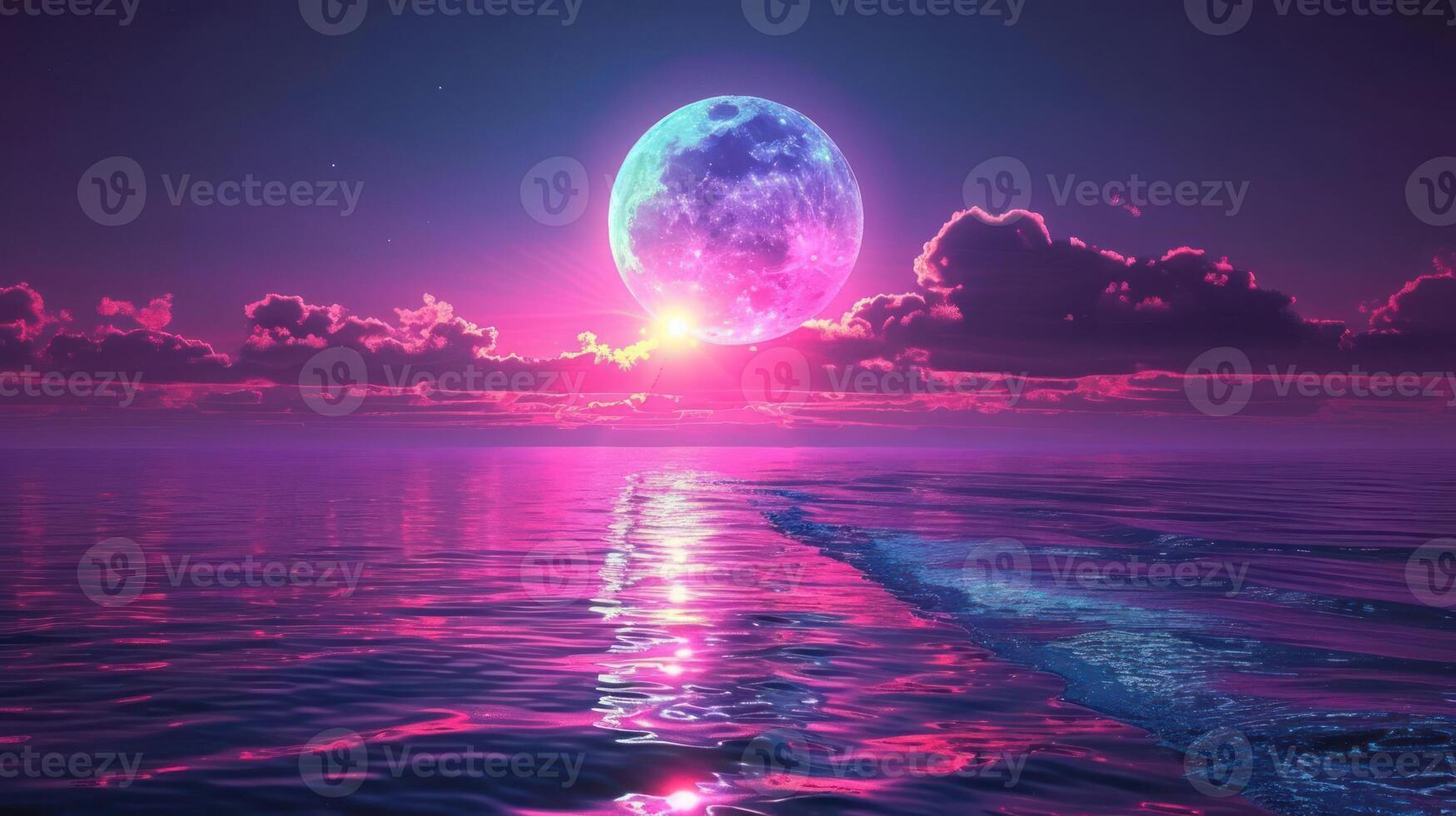 A vibrant moonrise over a tranquil ocean, casting colorful reflections on the water photo