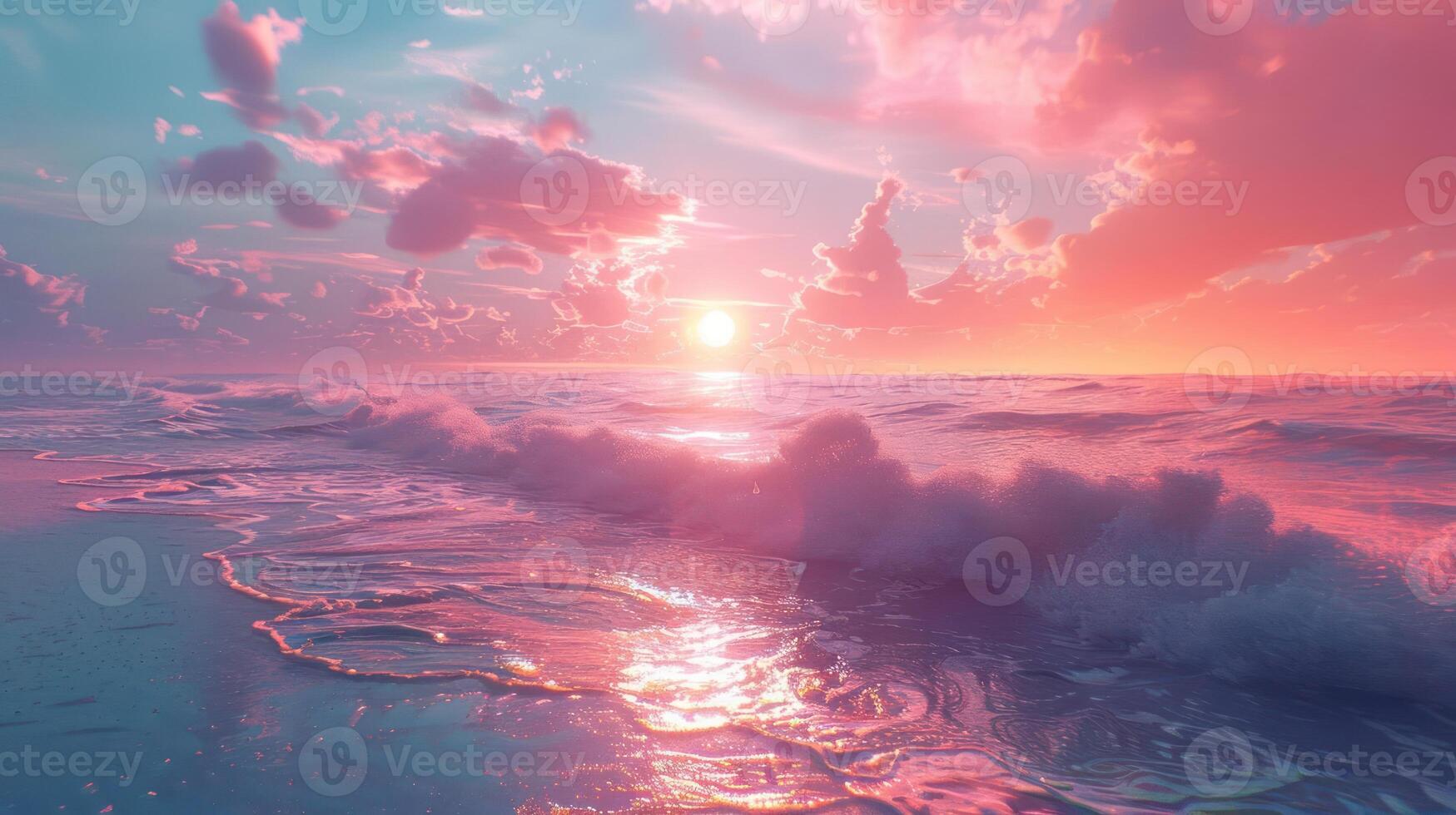 Serene sunset over tranquil ocean waves with colorful clouds reflecting in the water photo