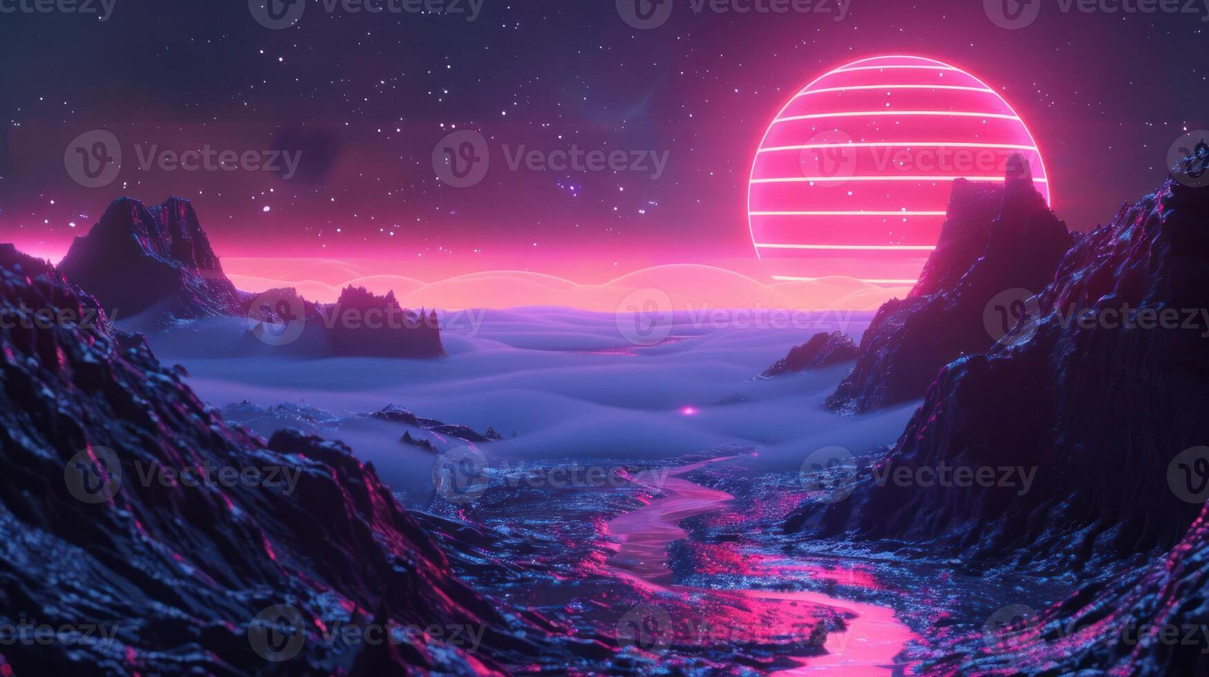 Surreal landscape featuring a glowing pink sun setting over a futuristic terrain with vibrant colors photo