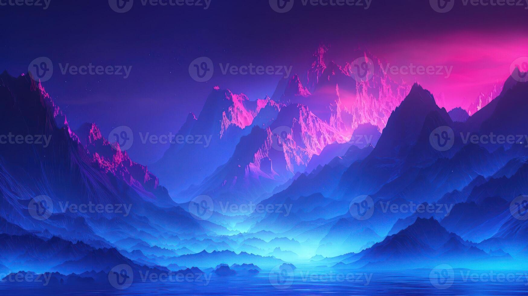 Vibrant surreal landscape with glowing mountains and misty valleys under a colorful sky photo