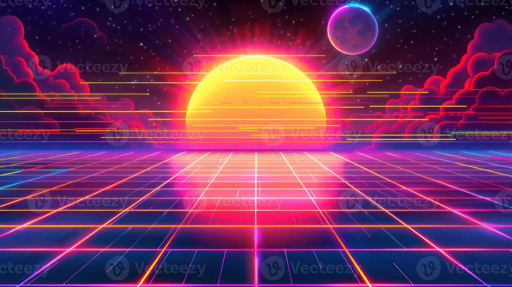 Vibrant retro-futuristic sunset over a digital landscape with neon grid and cosmic elements photo