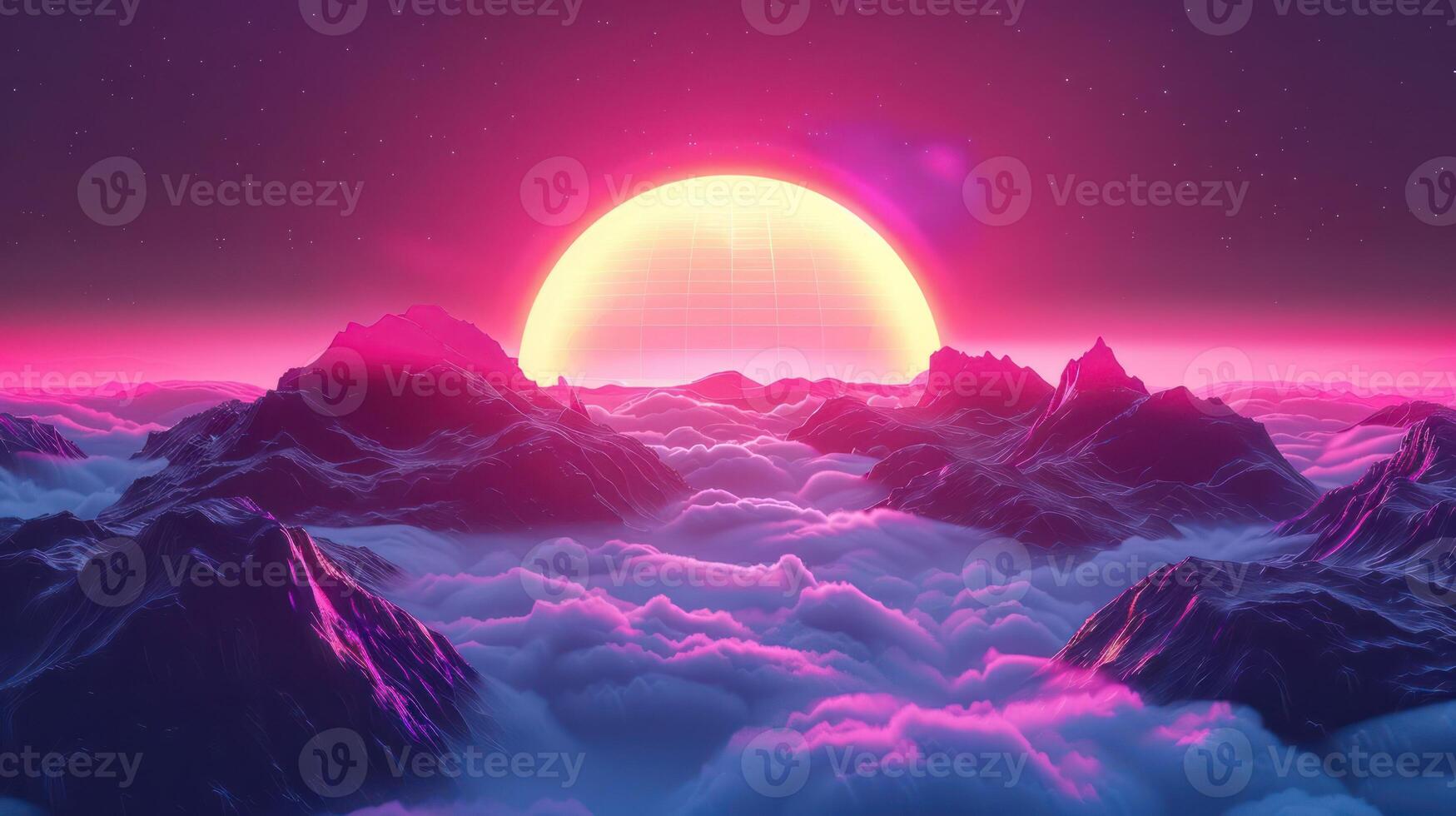 Vibrant sunset over majestic mountains with clouds, creating a surreal landscape atmosphere photo
