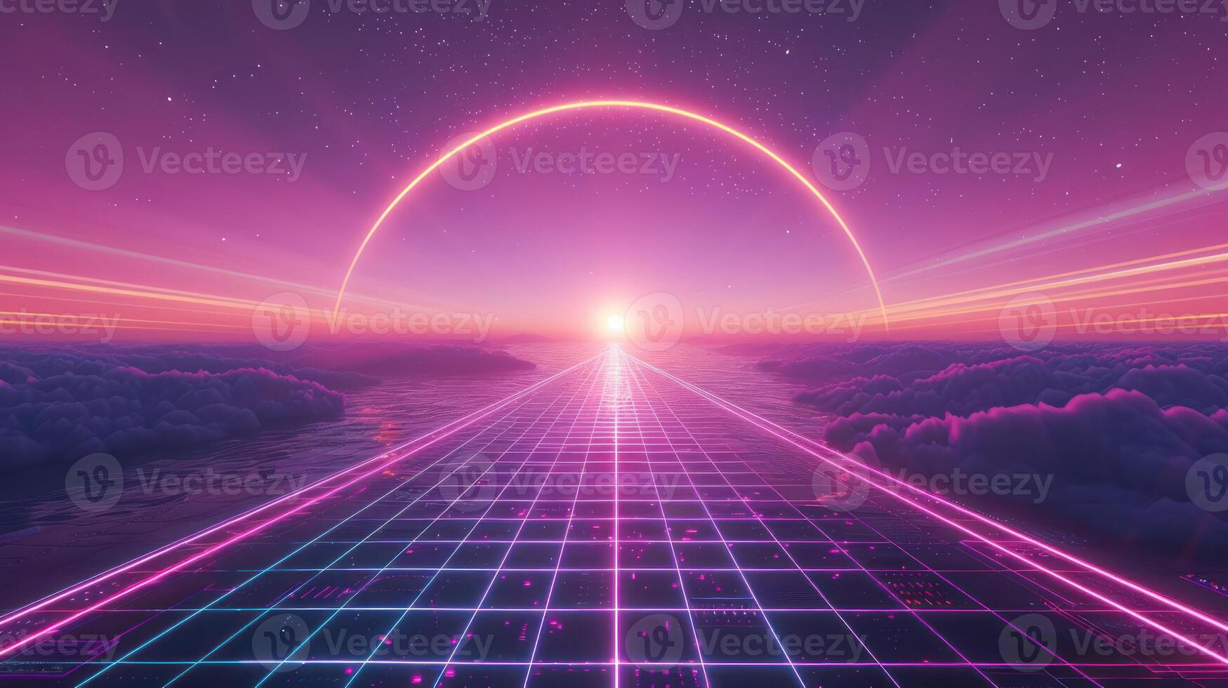 Futuristic landscape with a glowing grid pathway leading to a vibrant sunset over clouds photo