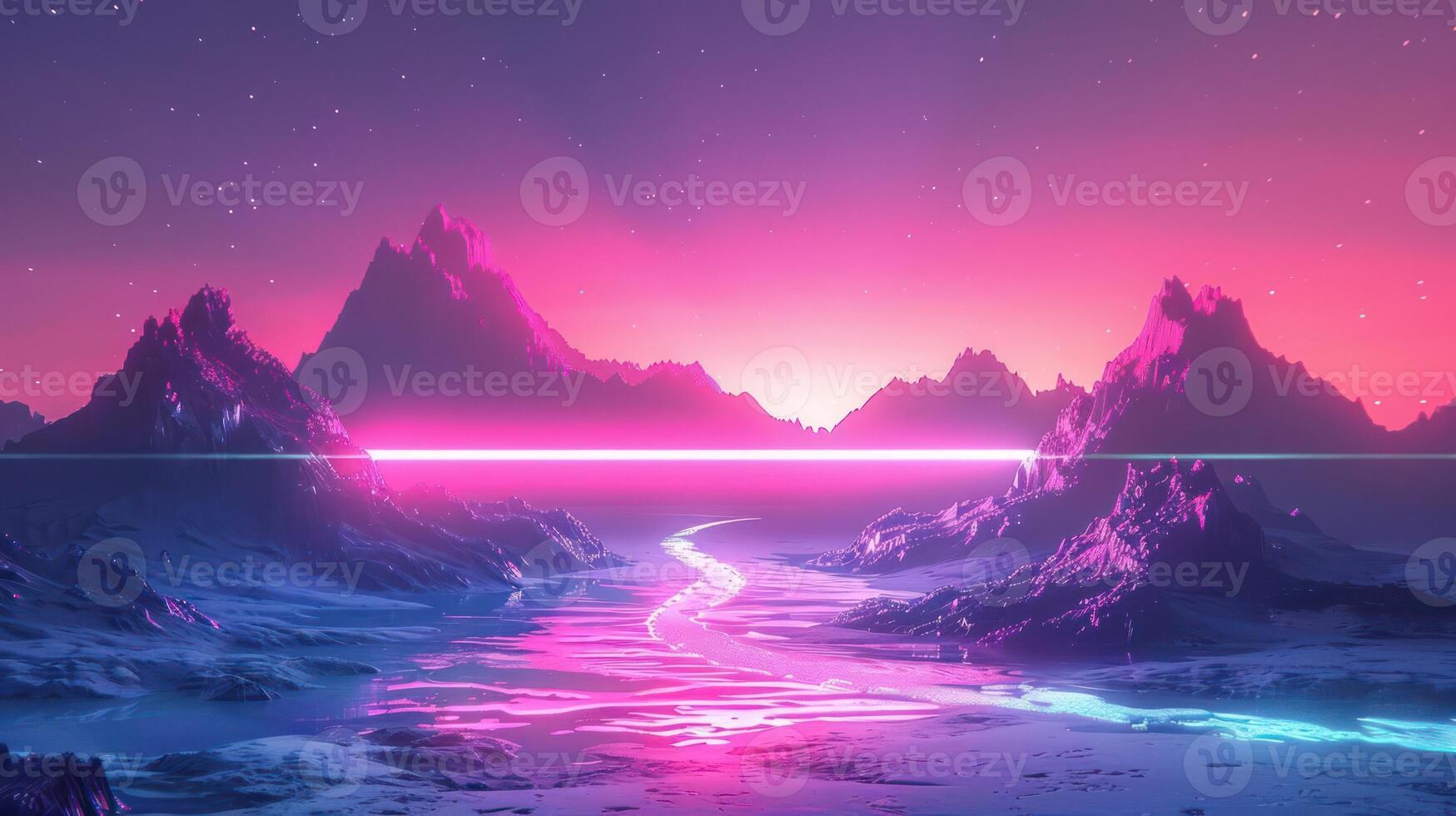 Futuristic landscape with vibrant pink and blue hues, featuring mountains and a glowing river at dusk photo