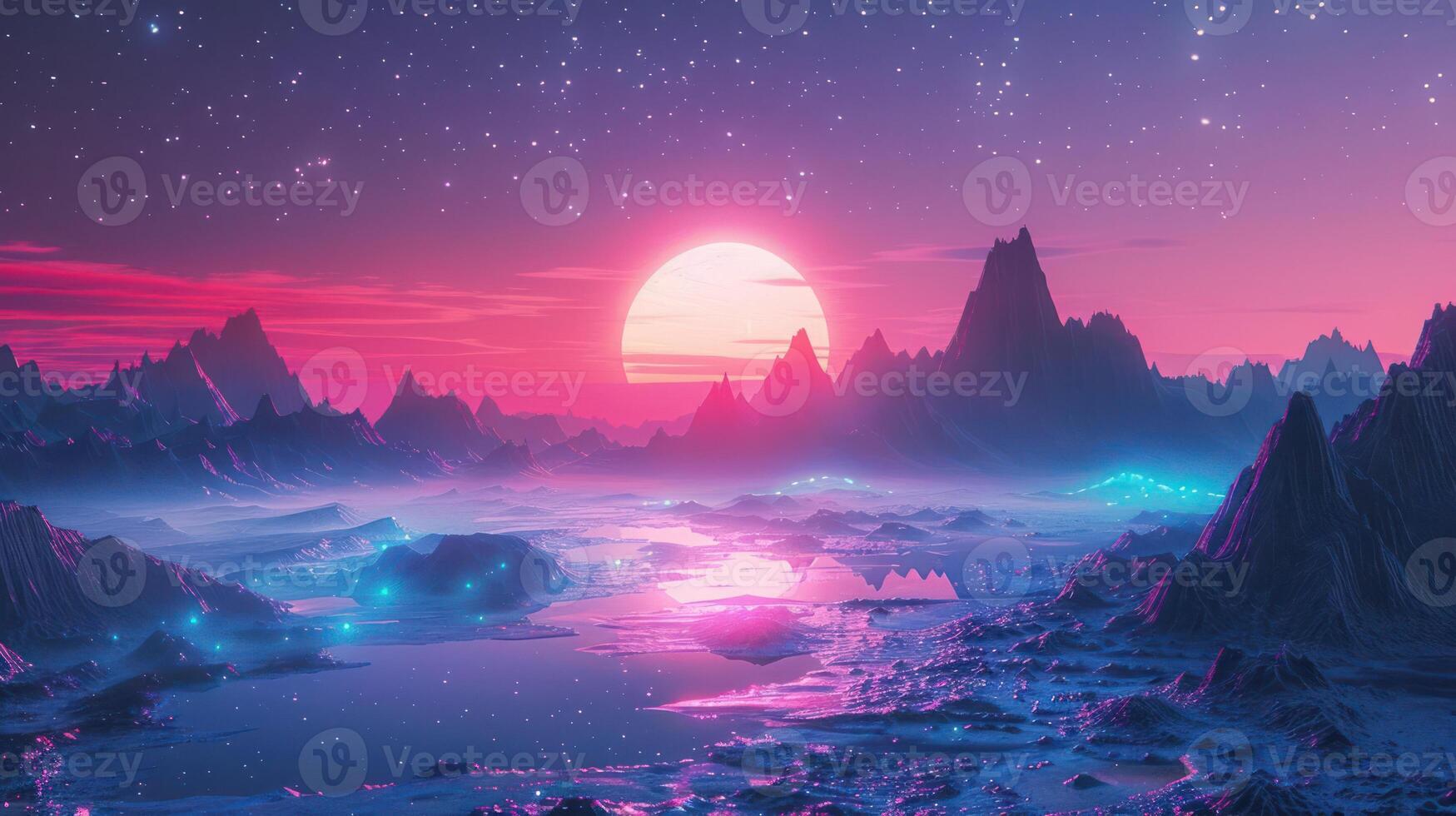 Surreal landscape with vibrant mountains and a glowing sunset reflecting on a tranquil lake photo
