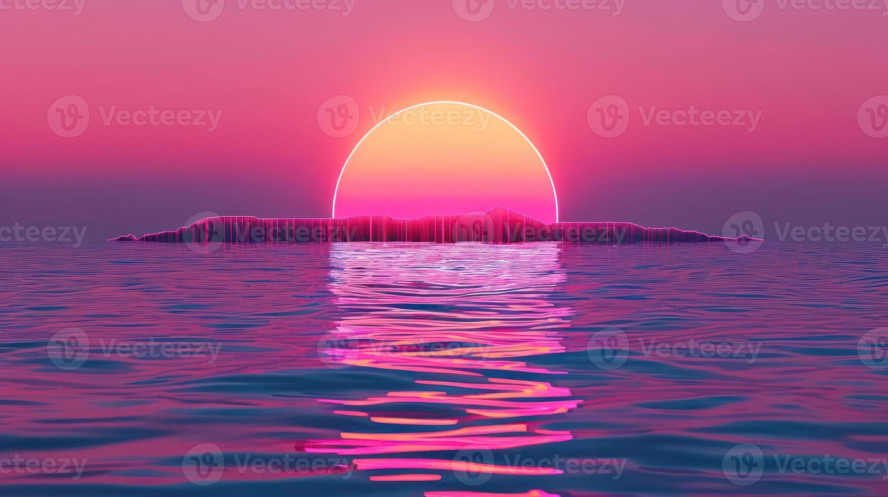 Vibrant sunset over tranquil waters with colorful reflections and serene island silhouette photo