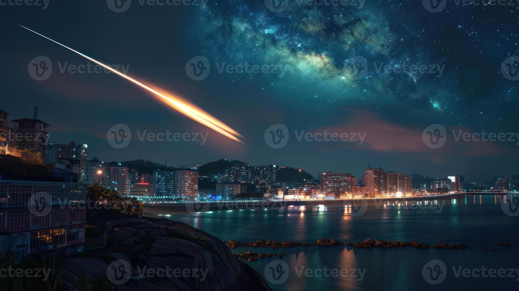 Night cityscape illuminated by a meteor streaking across a starry sky over the water photo