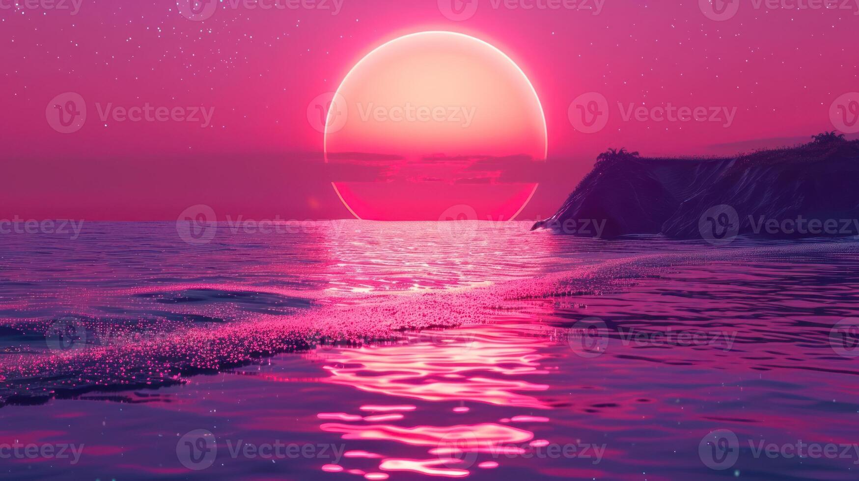 Vibrant sunset over tranquil ocean waves reflecting pink hues near a serene coastline photo