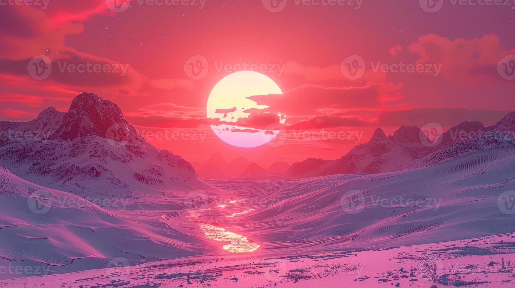 Vibrant sunset over a snowy mountain landscape with reflective water and colorful clouds photo