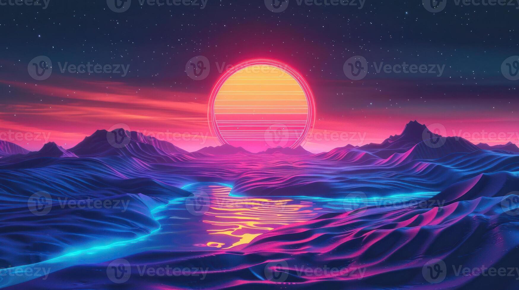 Vibrant digital landscape featuring a large sun setting over glowing mountains and a reflective river photo
