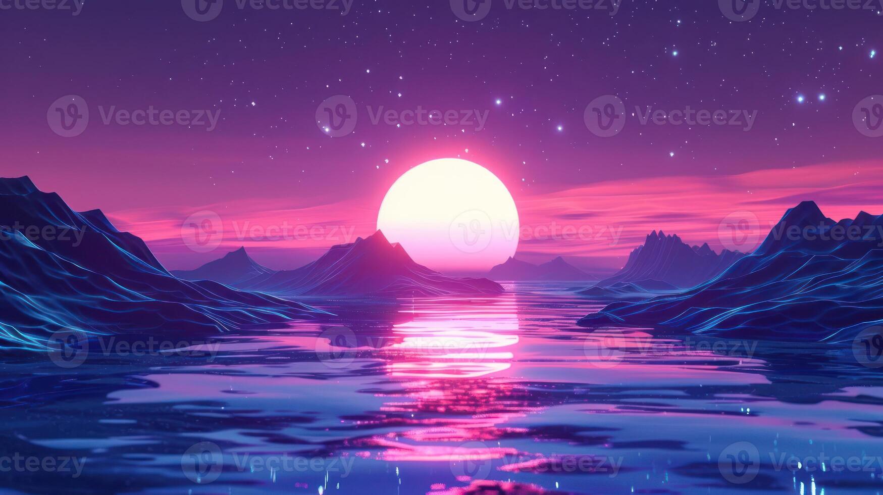 Vibrant sunset over tranquil water with distant mountains and starry sky, creating a serene atmosphere photo
