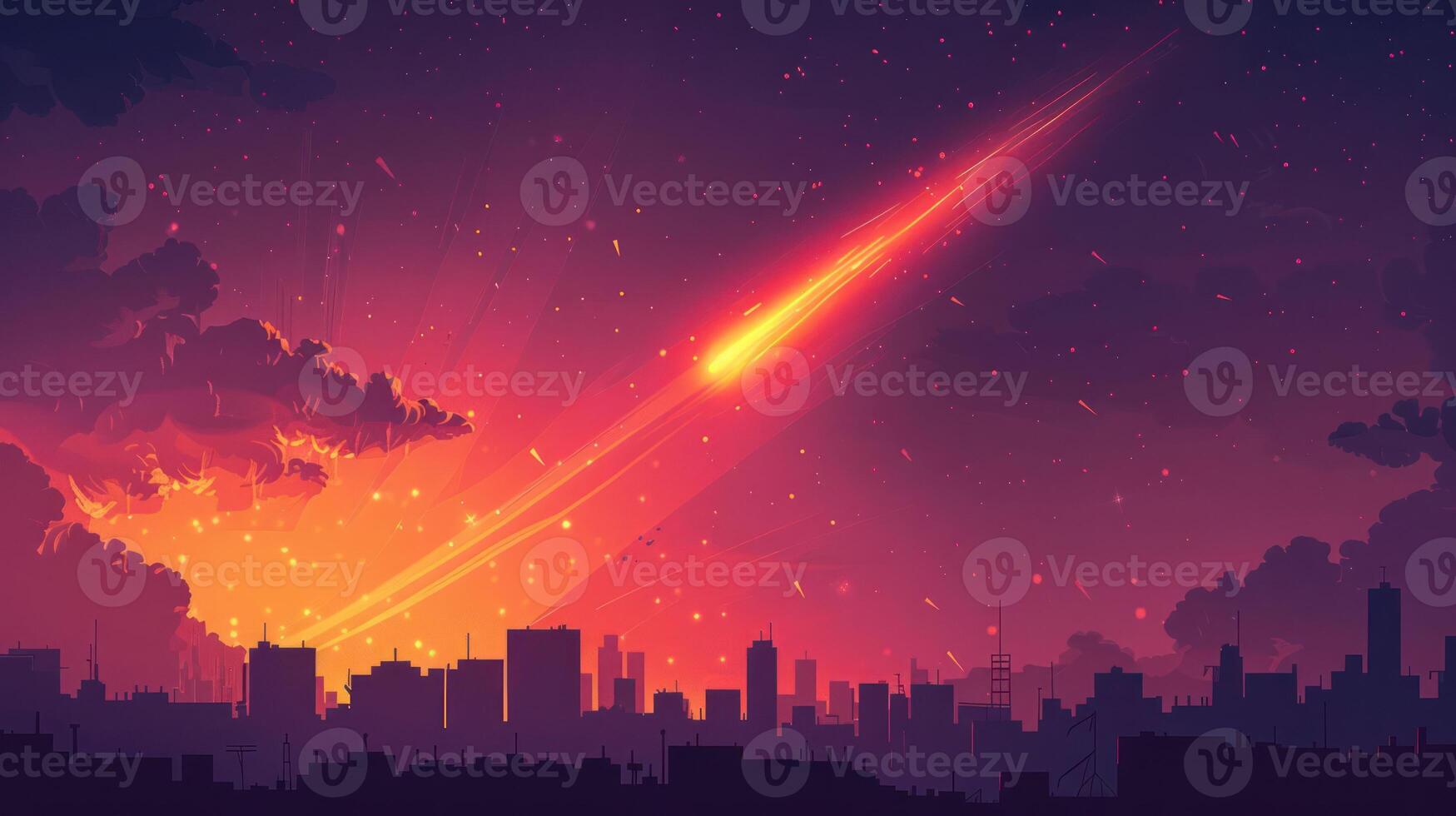 Vibrant sunset skyline with a meteor streaking across the sky, illuminating the city below photo