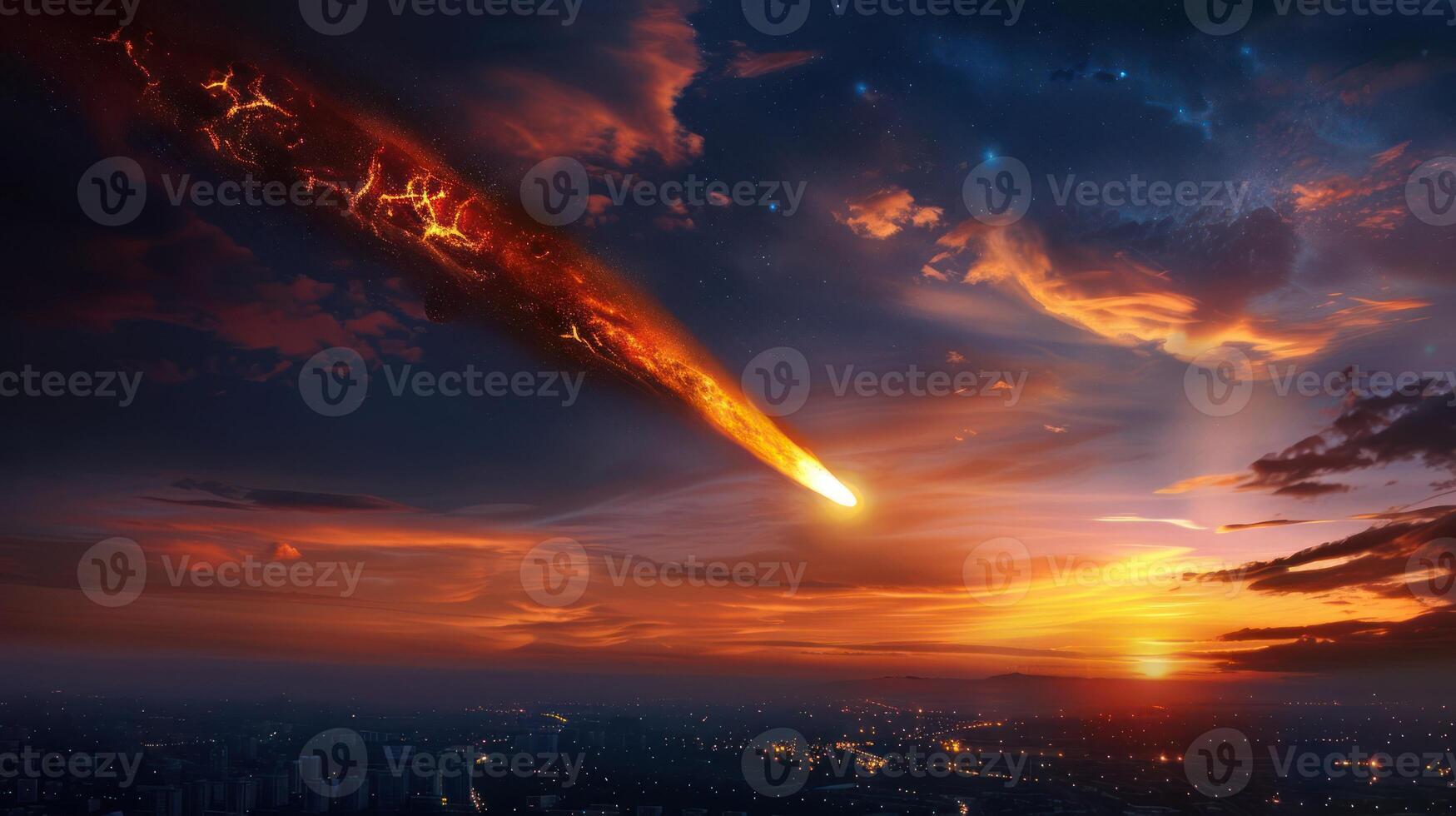 A vibrant sunset over a city skyline as a comet streaks across the sky, illuminating the clouds photo