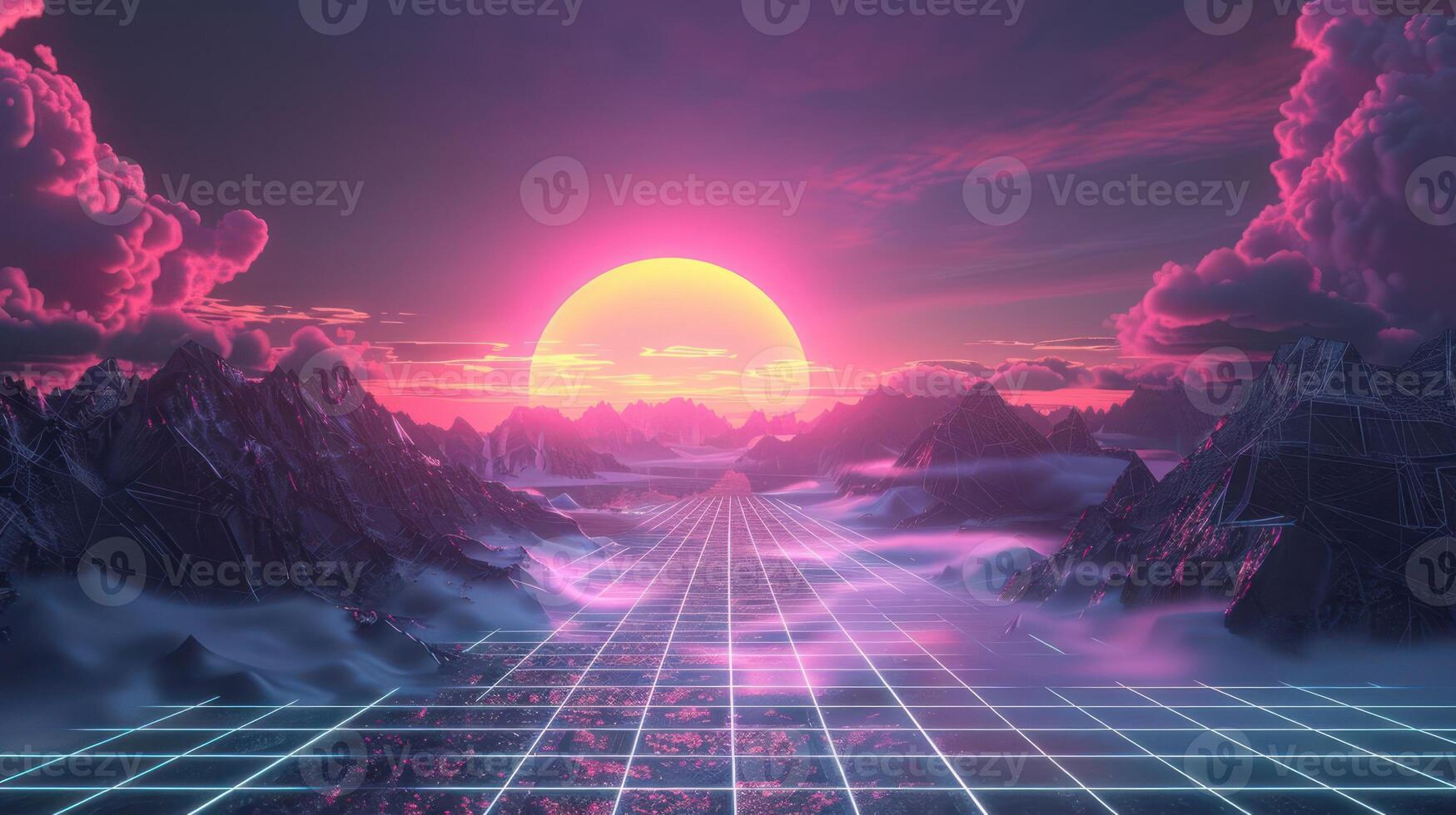 Futuristic landscape featuring a vibrant sunset over mountains and a grid-like path leading into the horizon photo