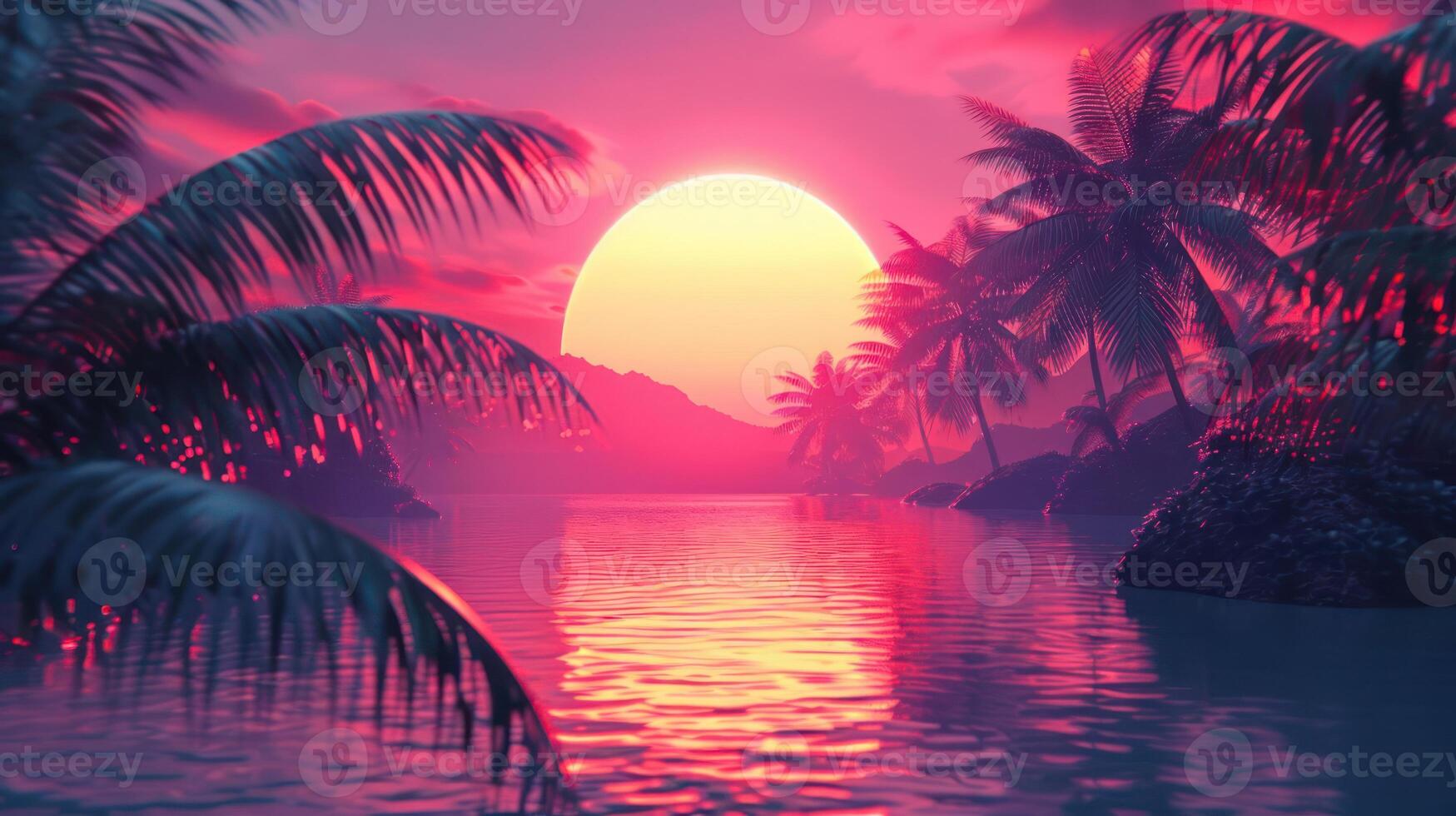 Serene sunset over tranquil waters with palm trees silhouetted against vibrant colors photo