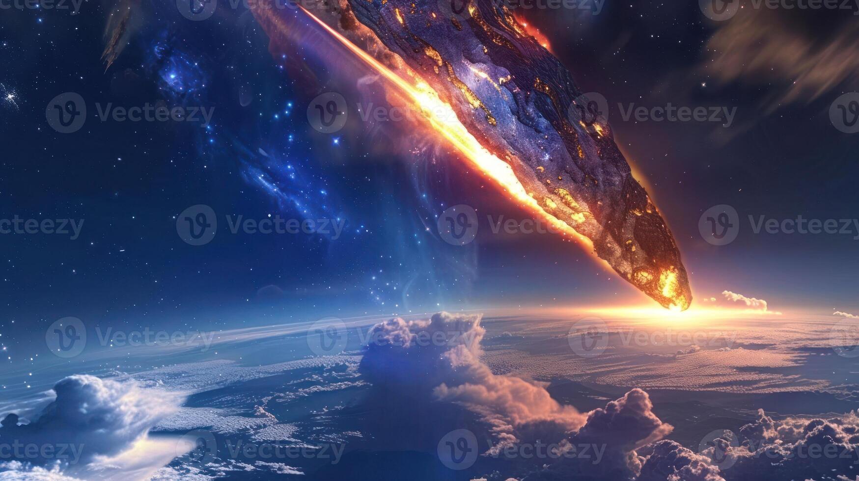 A fiery meteor streaks towards Earth, illuminating the night sky with cosmic colors photo