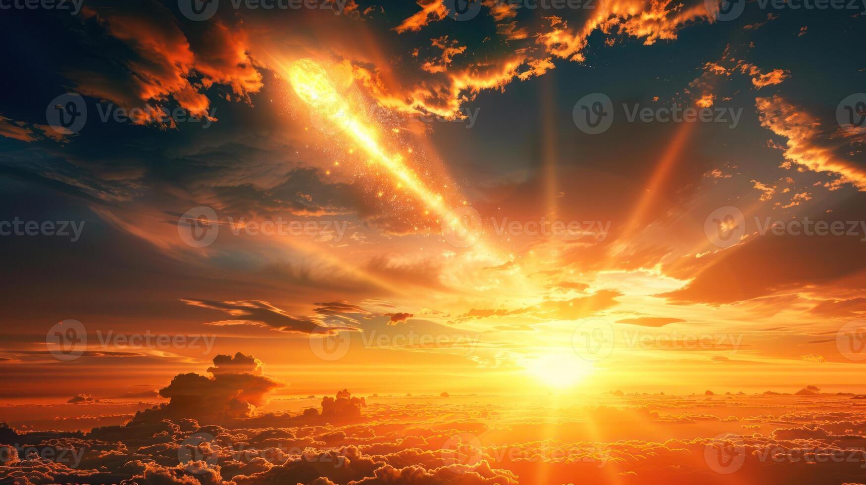 Dramatic sunset with a meteor streaking across the sky, illuminating clouds and horizon photo