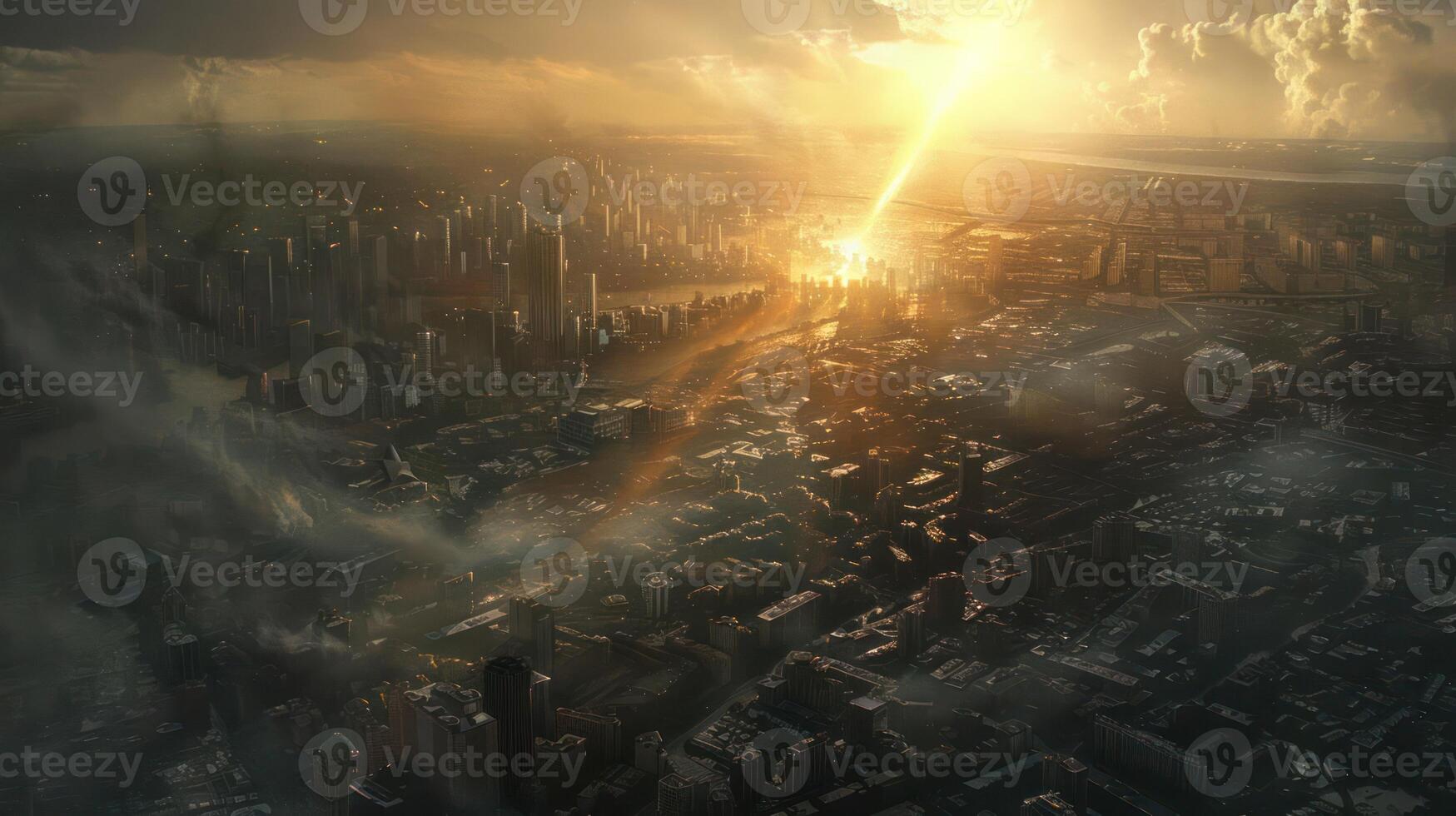 Aerial view of a vibrant cityscape at sunset, showcasing dramatic lighting and urban architecture photo