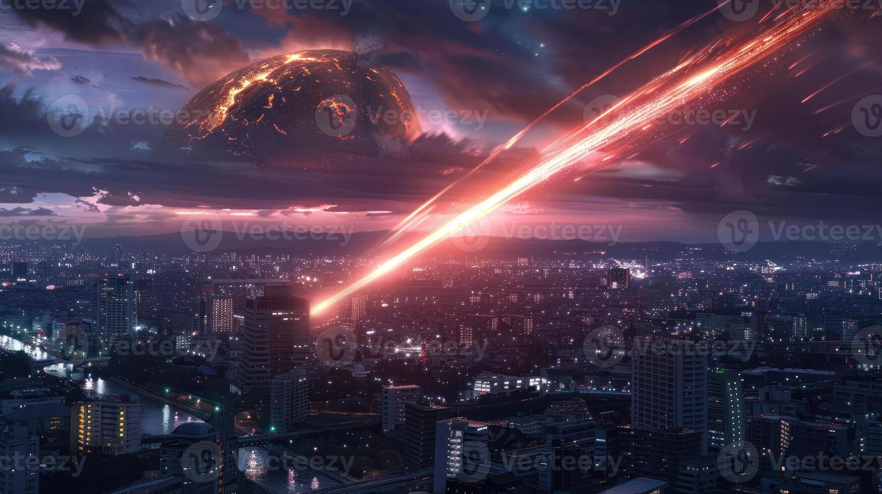 A dramatic cityscape under a fiery meteor shower with a volcanic backdrop at twilight photo