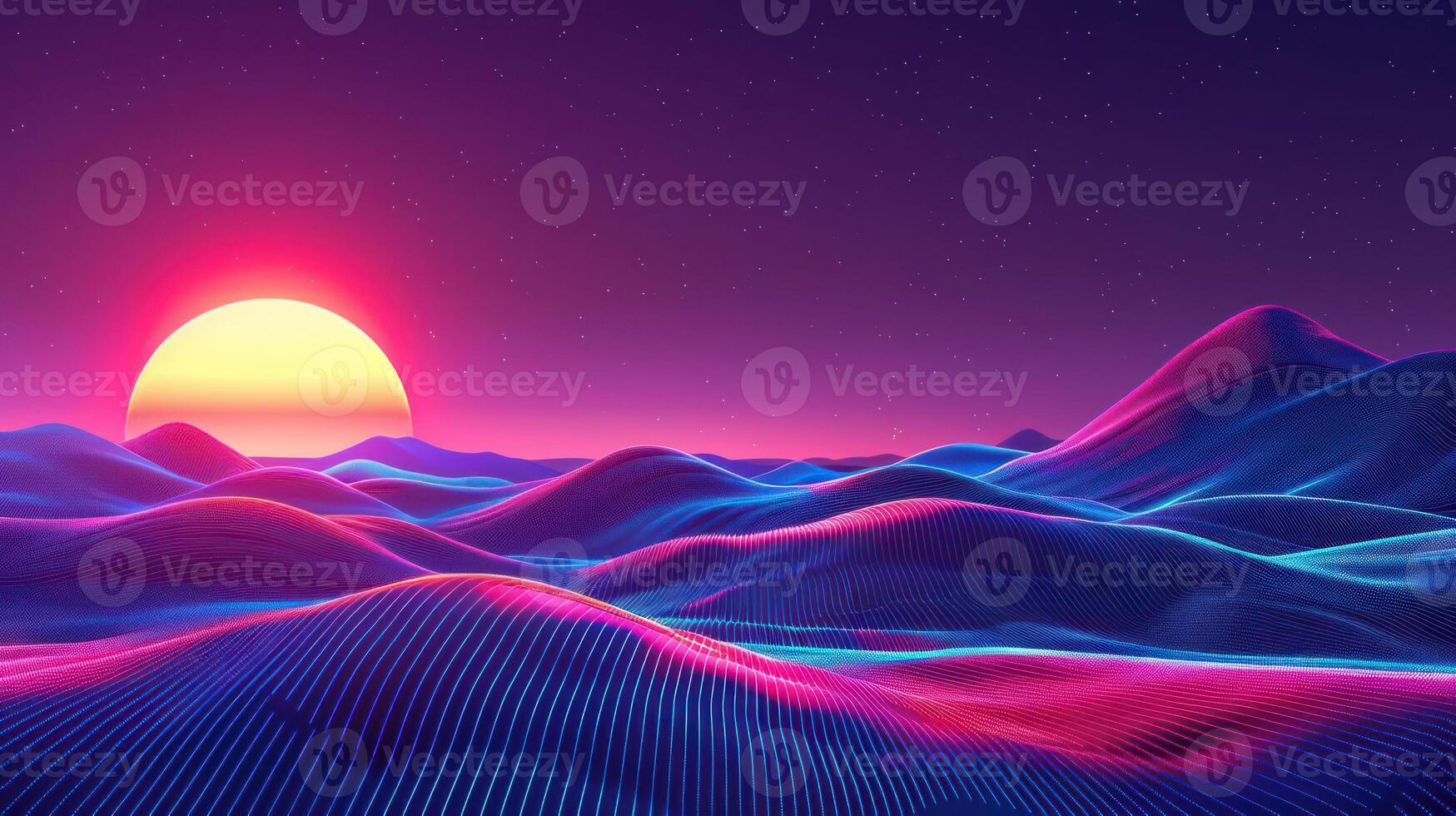 Vibrant digital landscape with rolling hills under a glowing sunset and starry sky photo
