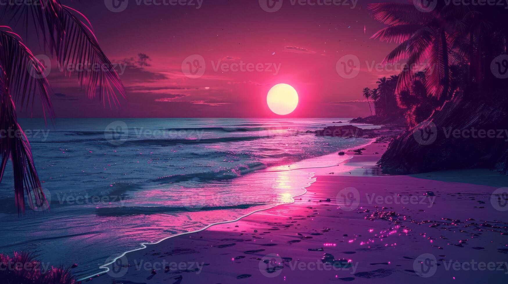 Serene sunset over a tranquil beach with palm trees and gentle waves reflecting vibrant colors photo
