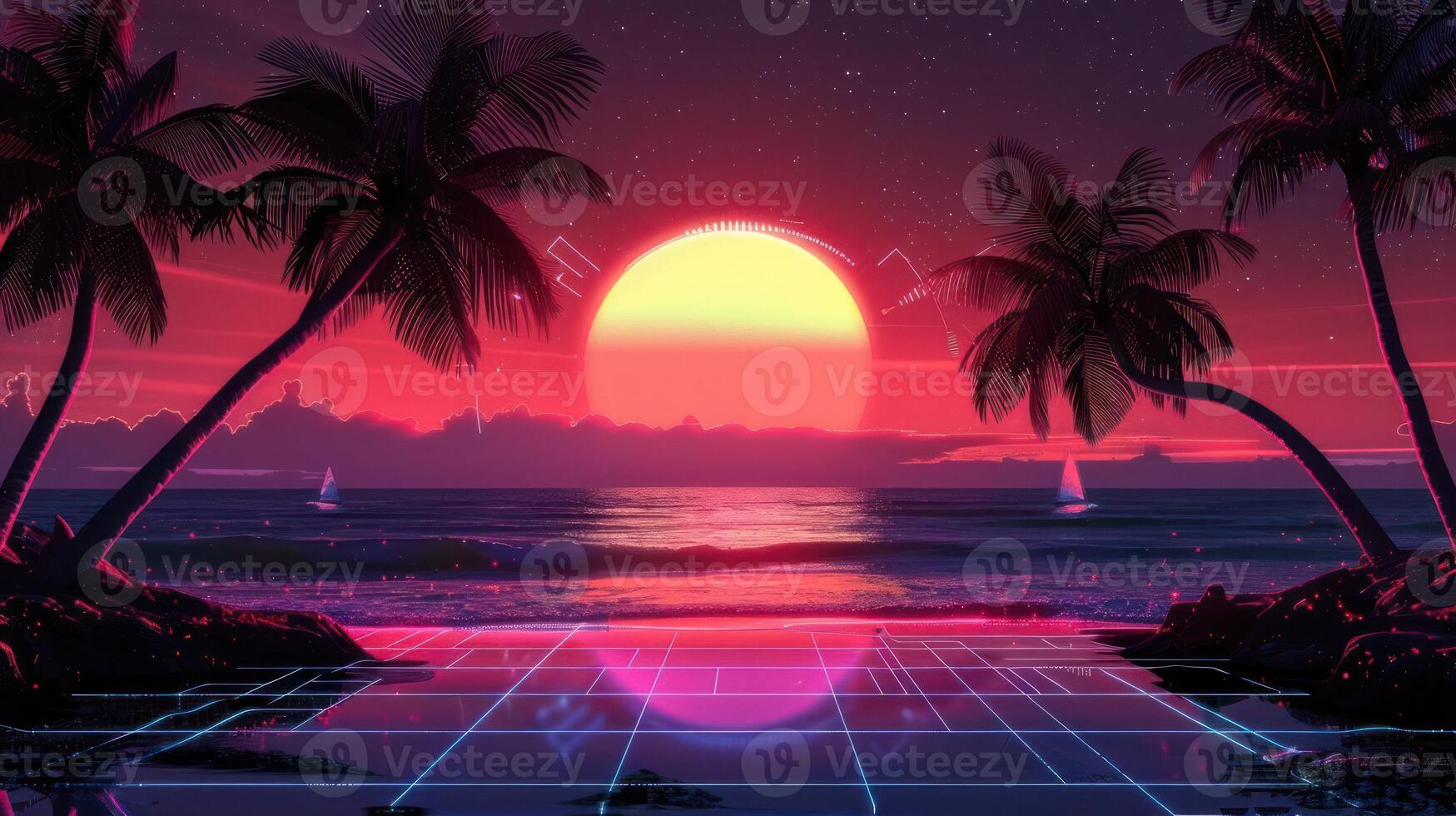 Vibrant sunset over a tranquil ocean with palm trees and distant sailboats, evoking serenity photo